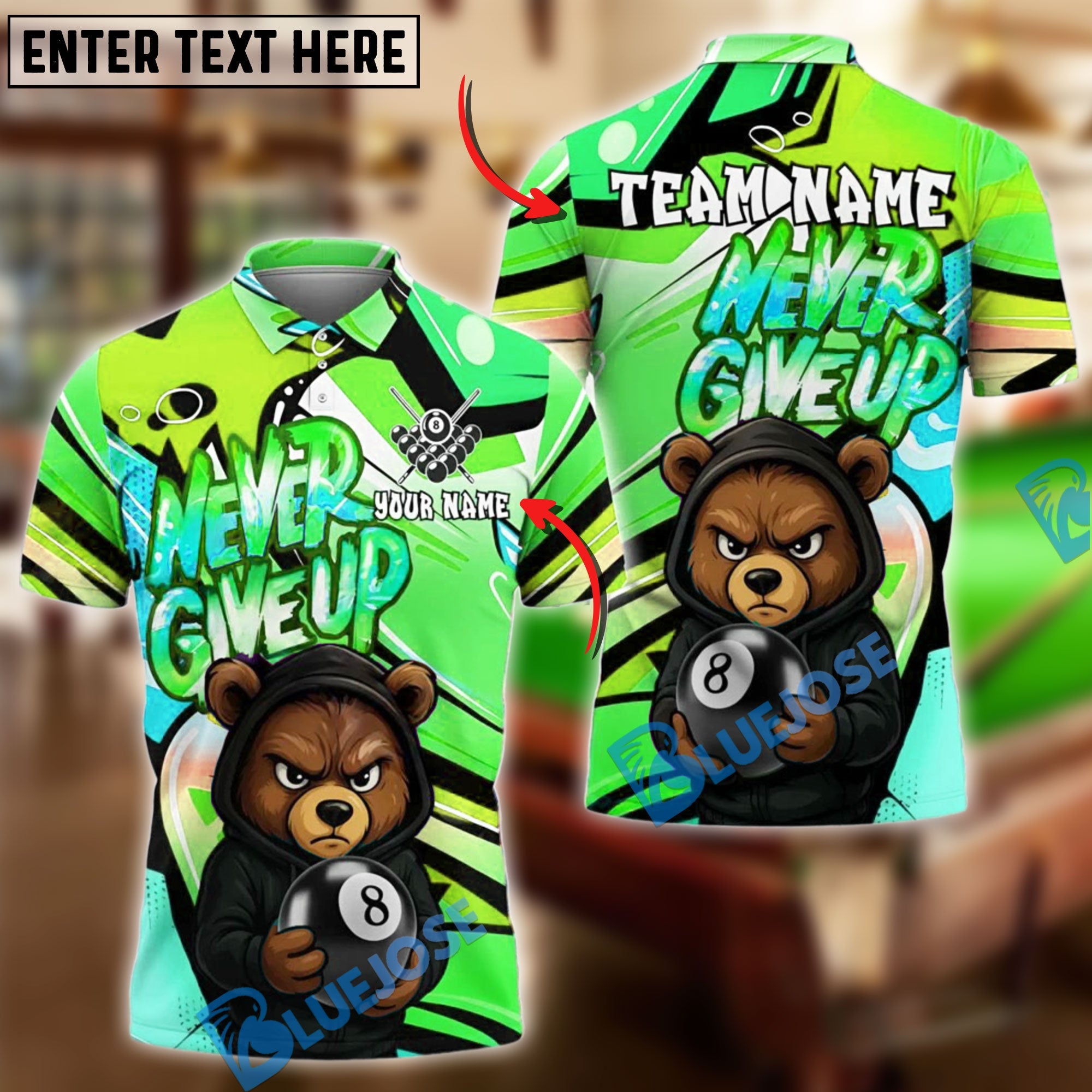 BlueJose Billiards 8-Ball Bear Hoodie Never Give Up Personalized Name Shirt (4 Colors)