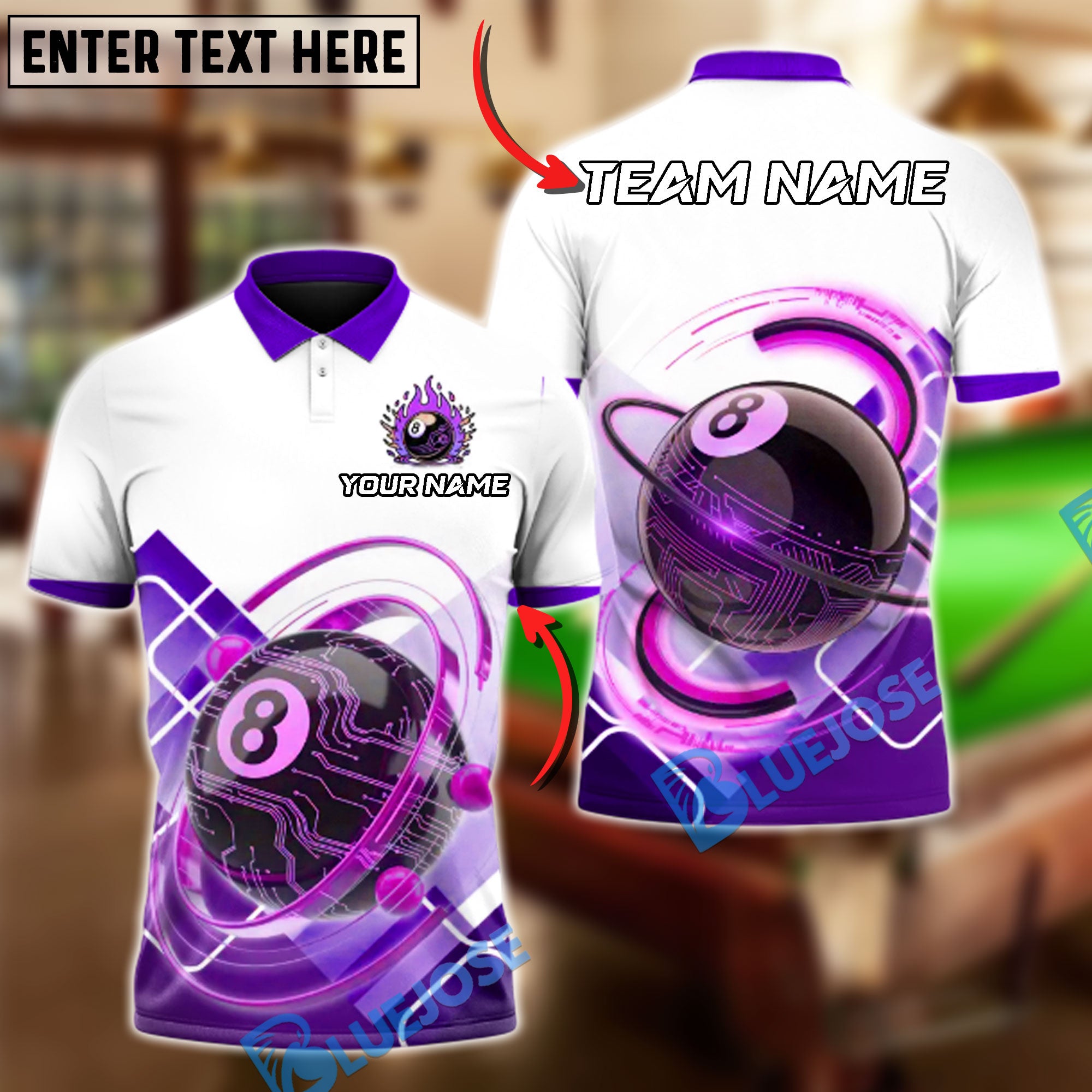BlueJose Billiards Ball 8 Pool Mecha Personalized Name, Team Name Unisex Shirt (4 Colors)