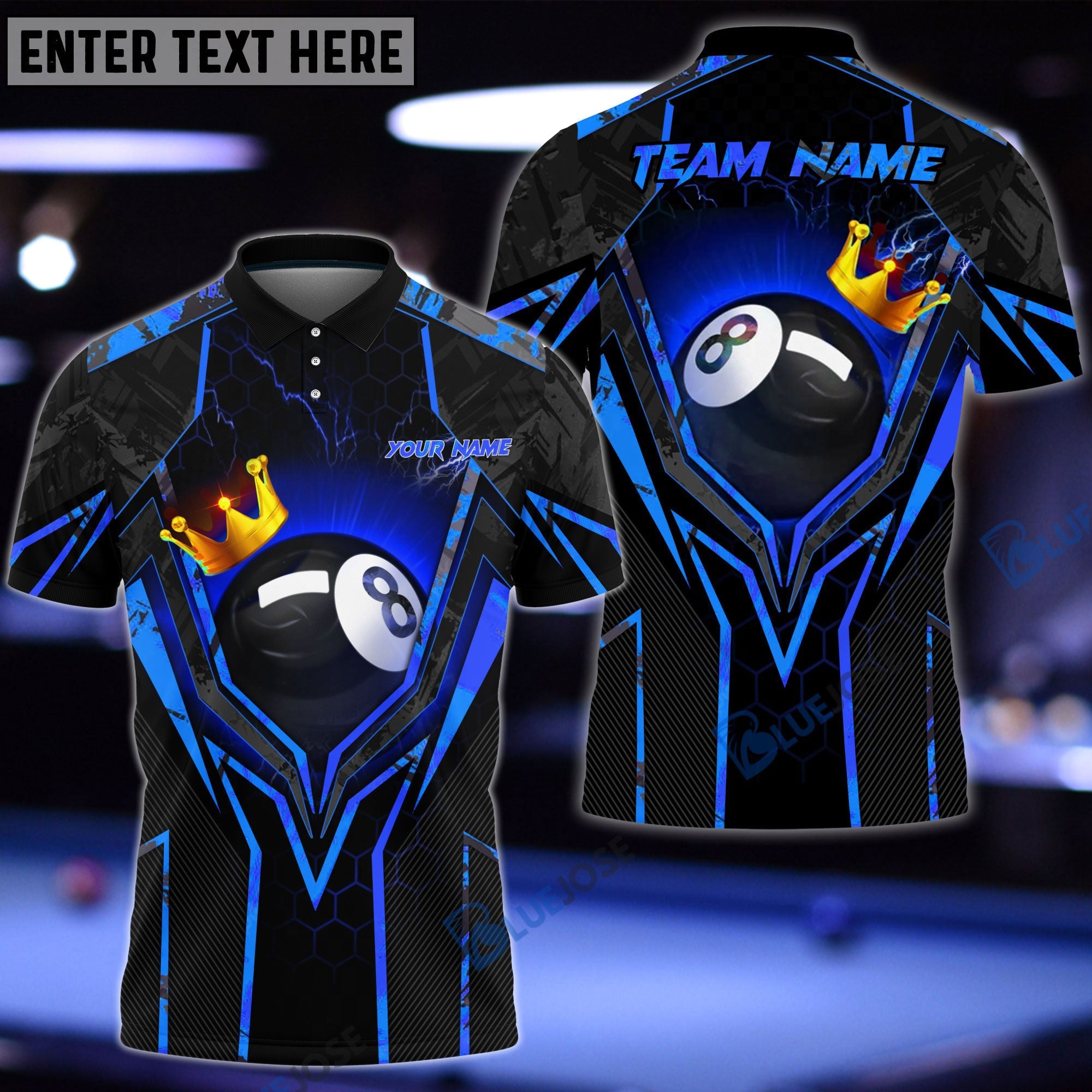 BlueJose Billiards King 8 Ball Personalized Name, Team Name Unisex Shirt (4 Colors)