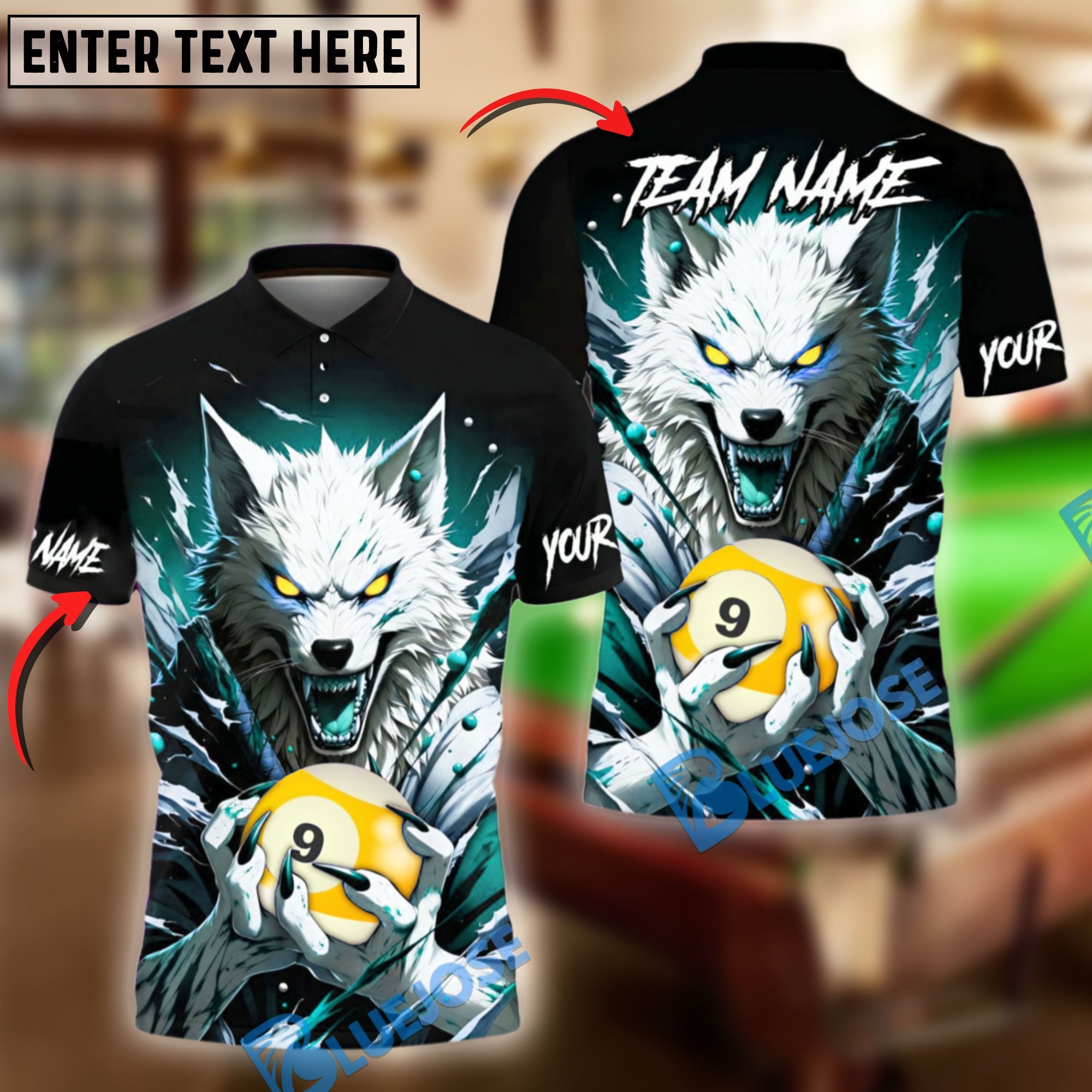 BlueJose Billiards Bloody Wolf Holding 9 Ball Personalized Name, Team Name Unisex Shirt ( 4 Colors )