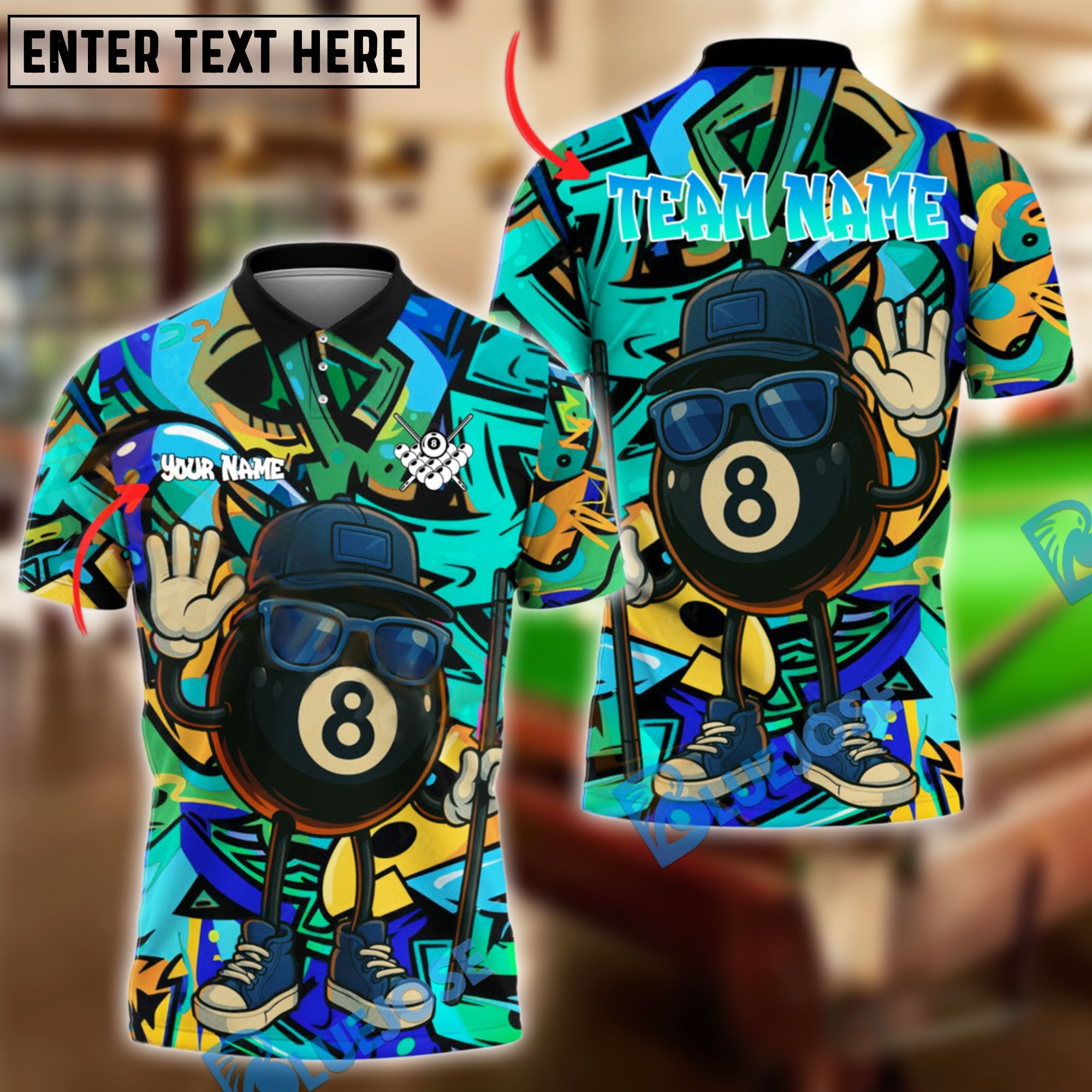 BlueJose Billiards Ball 8 Graffiti Swagger with Shades Personalized Name & Team Name Shirt (4 Colors)