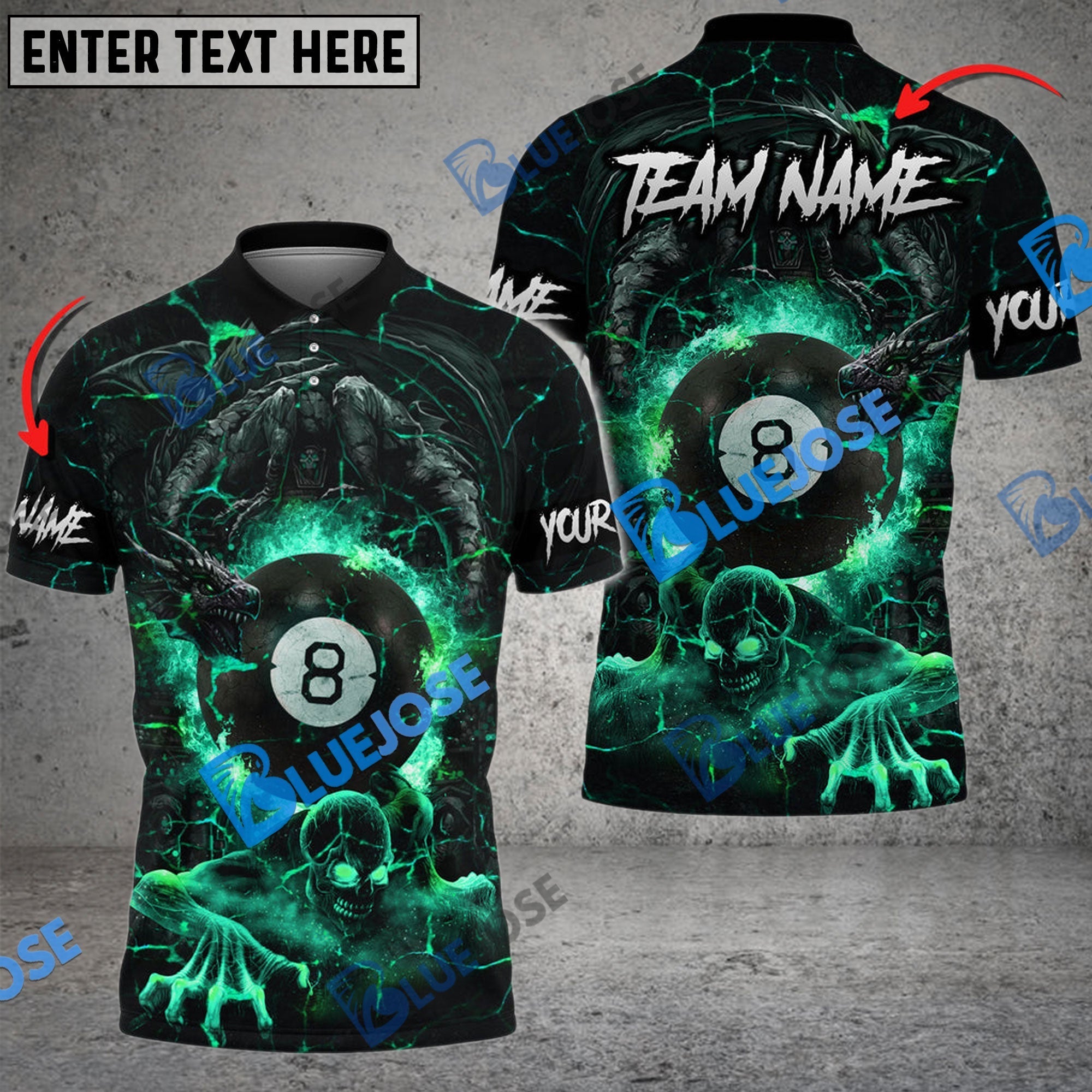 BlueJose Billiards Ball 8 Skull & Dragon Fight Personalized Name, Team Name Shirt (4 Colors)