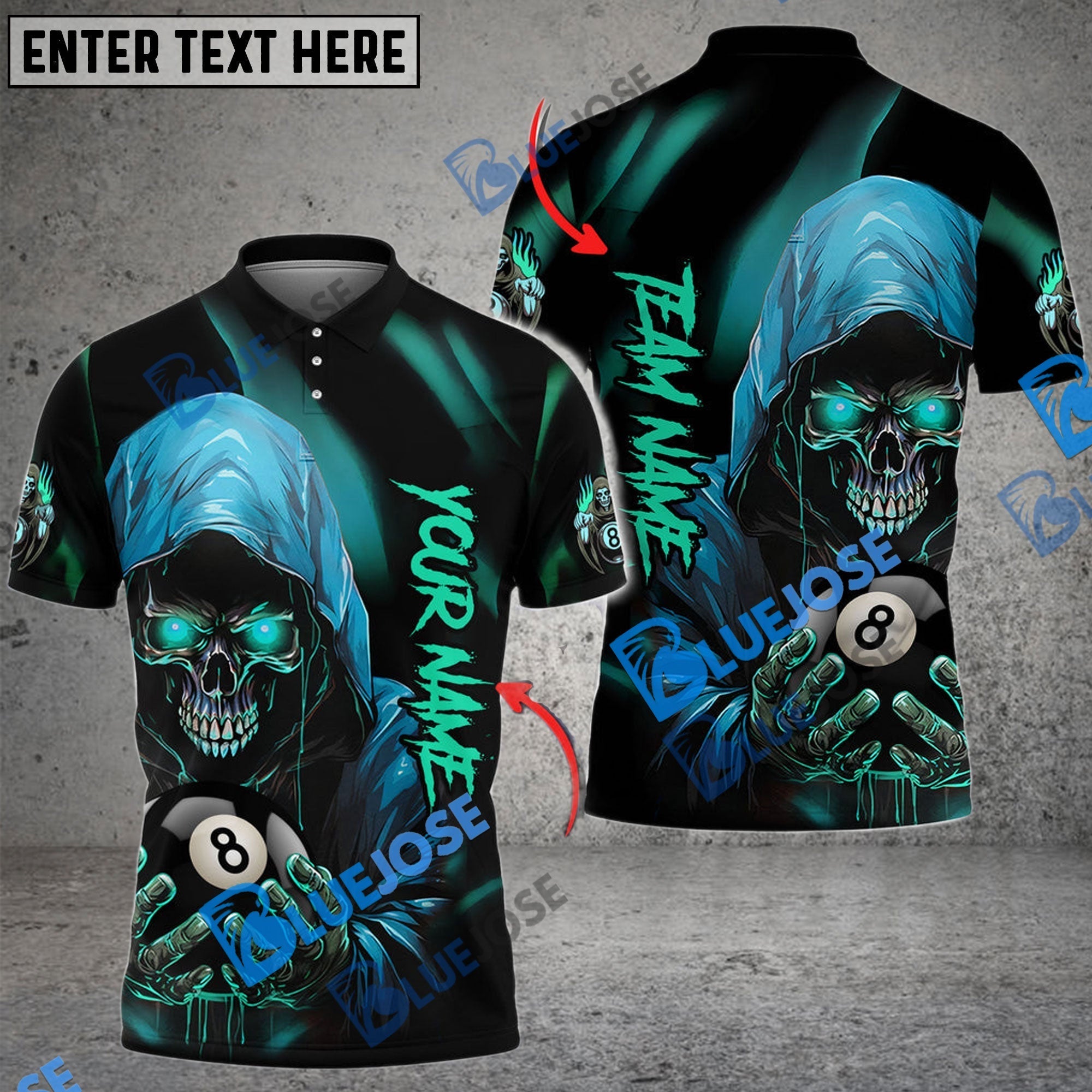 BlueJose Billiards Ball 8 Grim Reaper Skull Personalized Name Shirt (6 Colors)