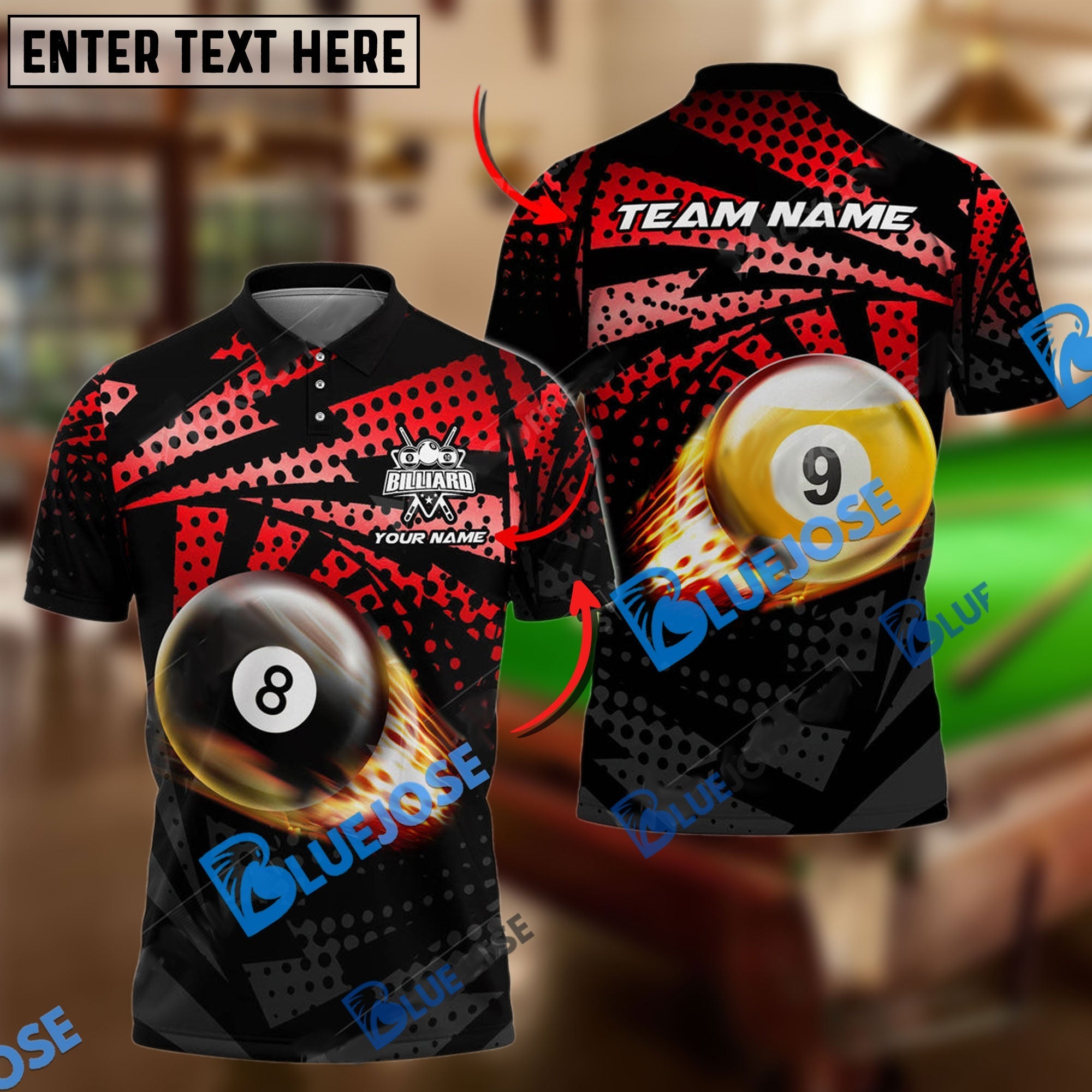 BlueJose Billiards Ball 8&9 Fire Point Strike Personalized Name, Team Name Shirt (4 Colors)