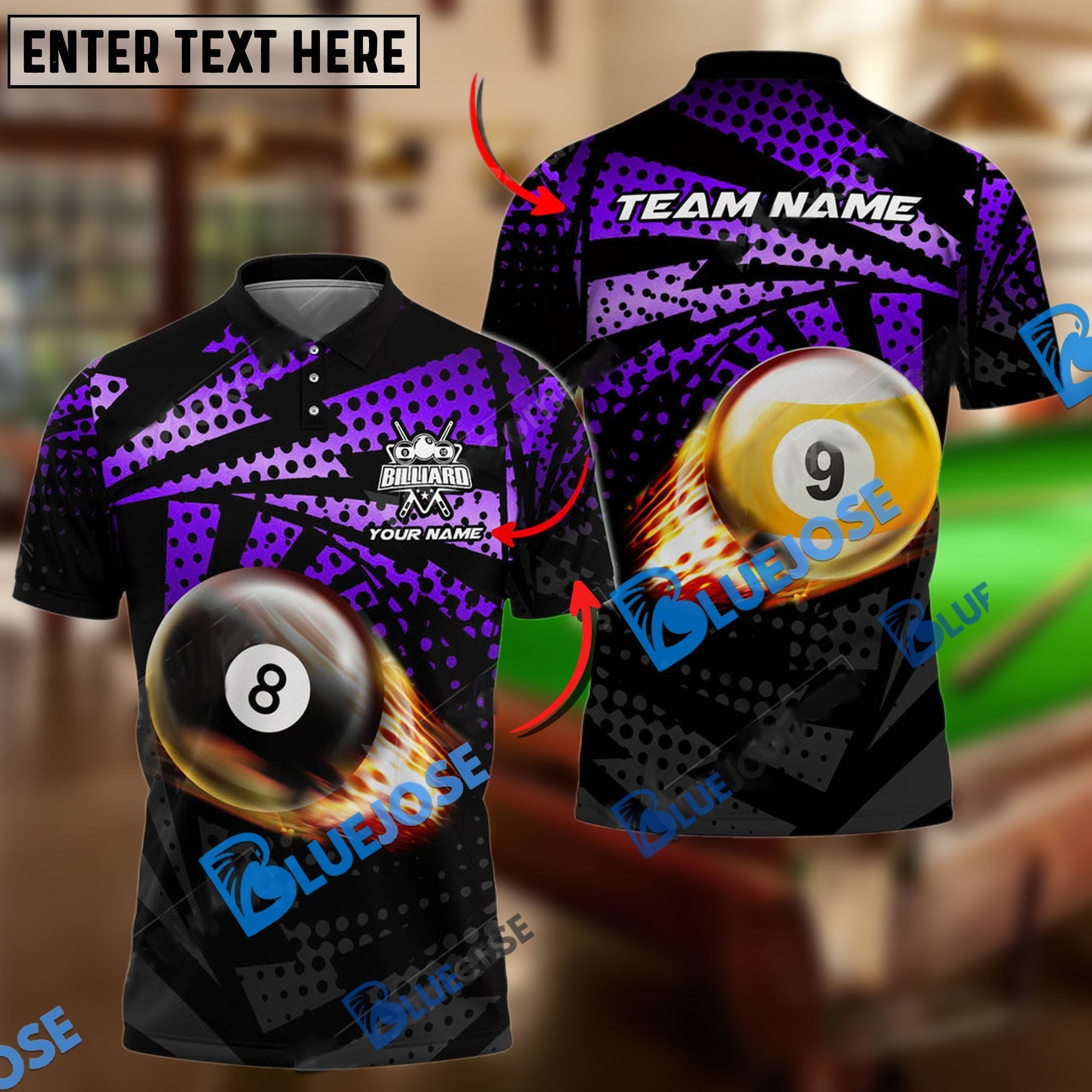 BlueJose Billiards Ball 8&9 Fire Point Strike Personalized Name, Team Name Shirt (4 Colors)