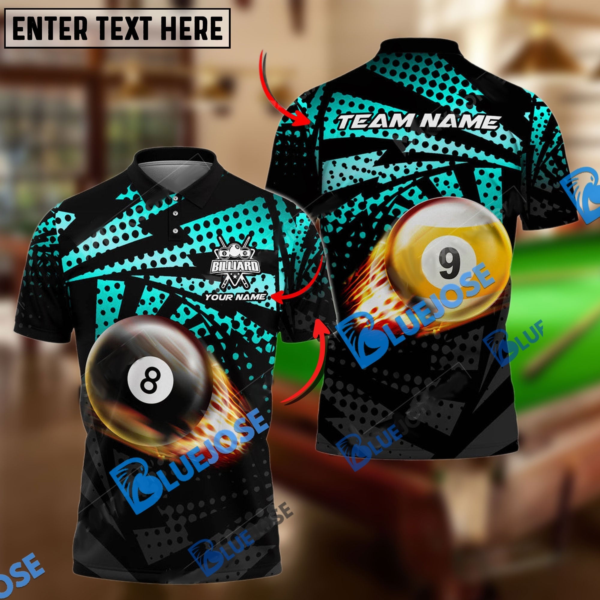 BlueJose Billiards Ball 8&9 Fire Point Strike Personalized Name, Team Name Shirt (4 Colors)