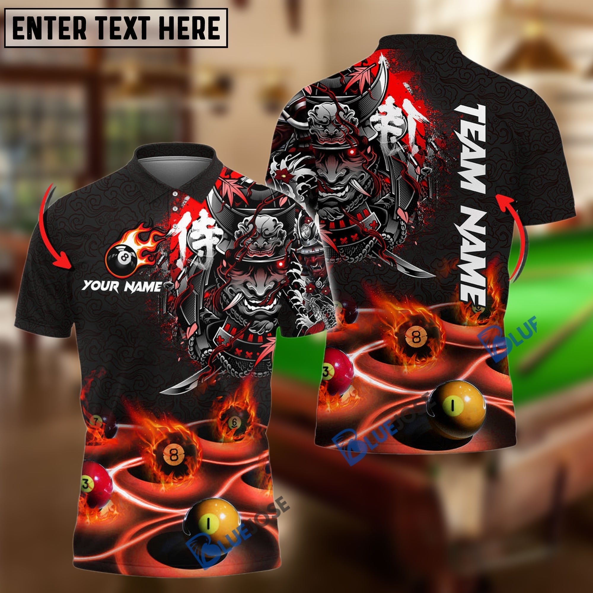 BlueJose Billiards Flame Samurai Personalized Name, Team Name Shirt (6 Colors)