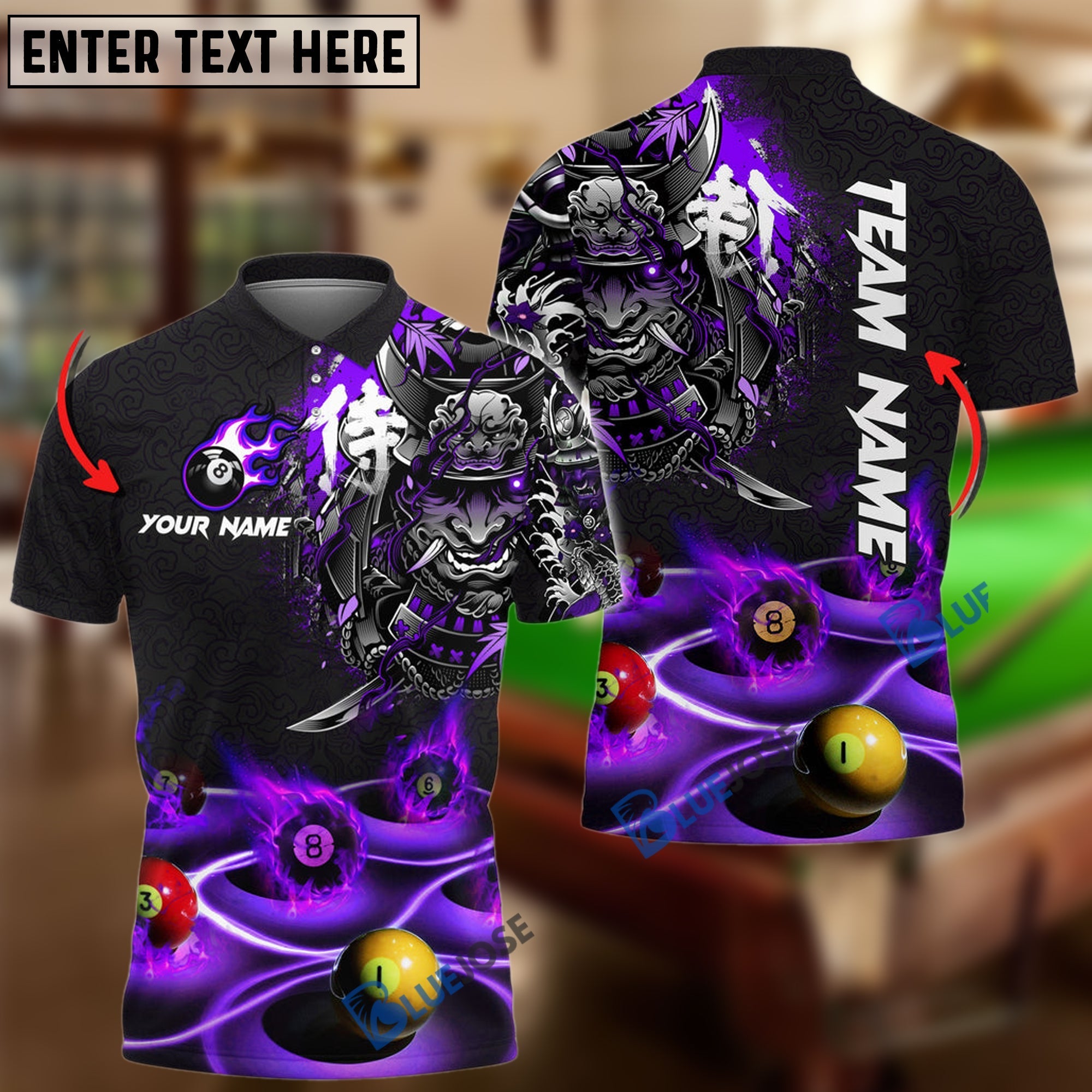 BlueJose Billiards Flame Samurai Personalized Name, Team Name Shirt (6 Colors)