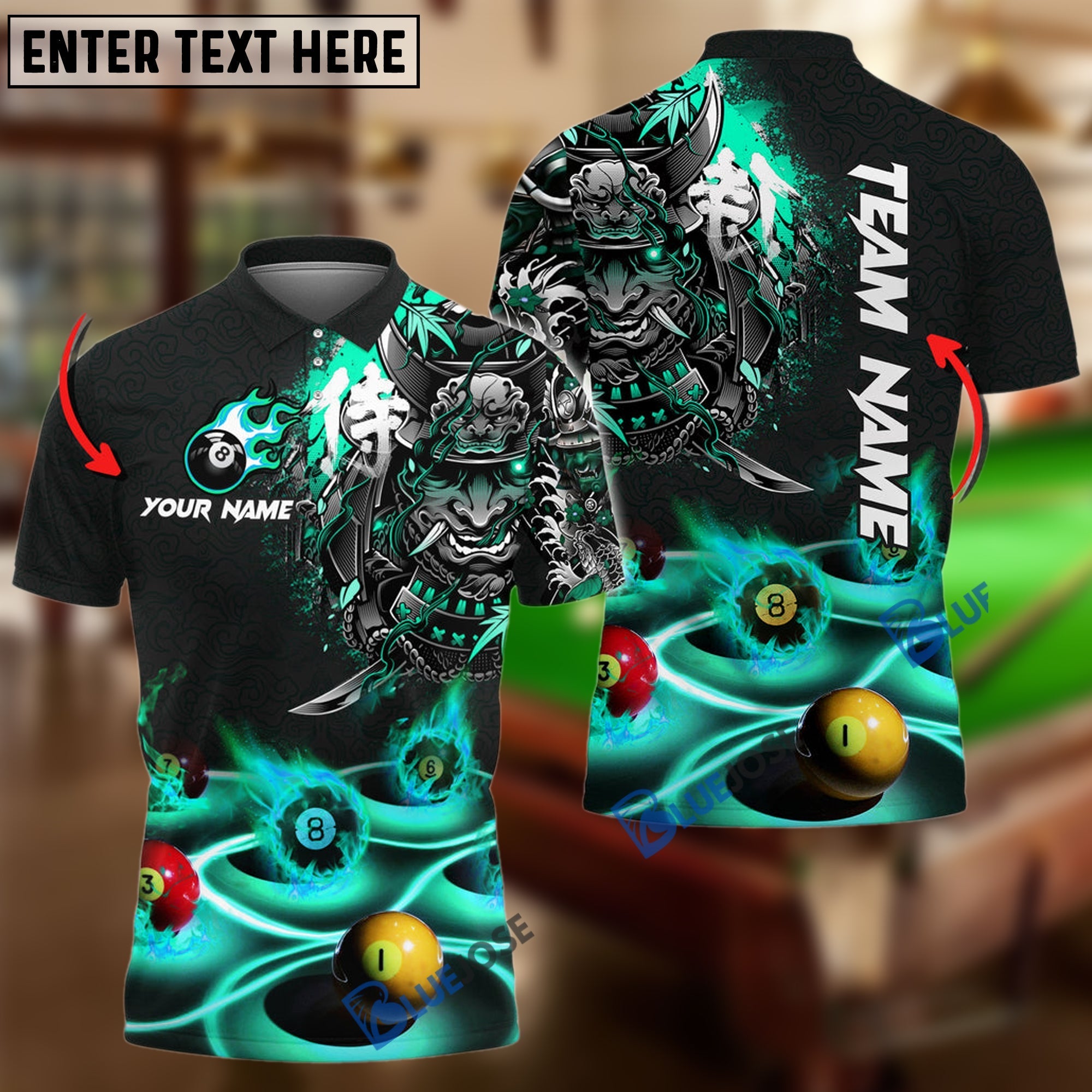 BlueJose Billiards Flame Samurai Personalized Name, Team Name Shirt (6 Colors)