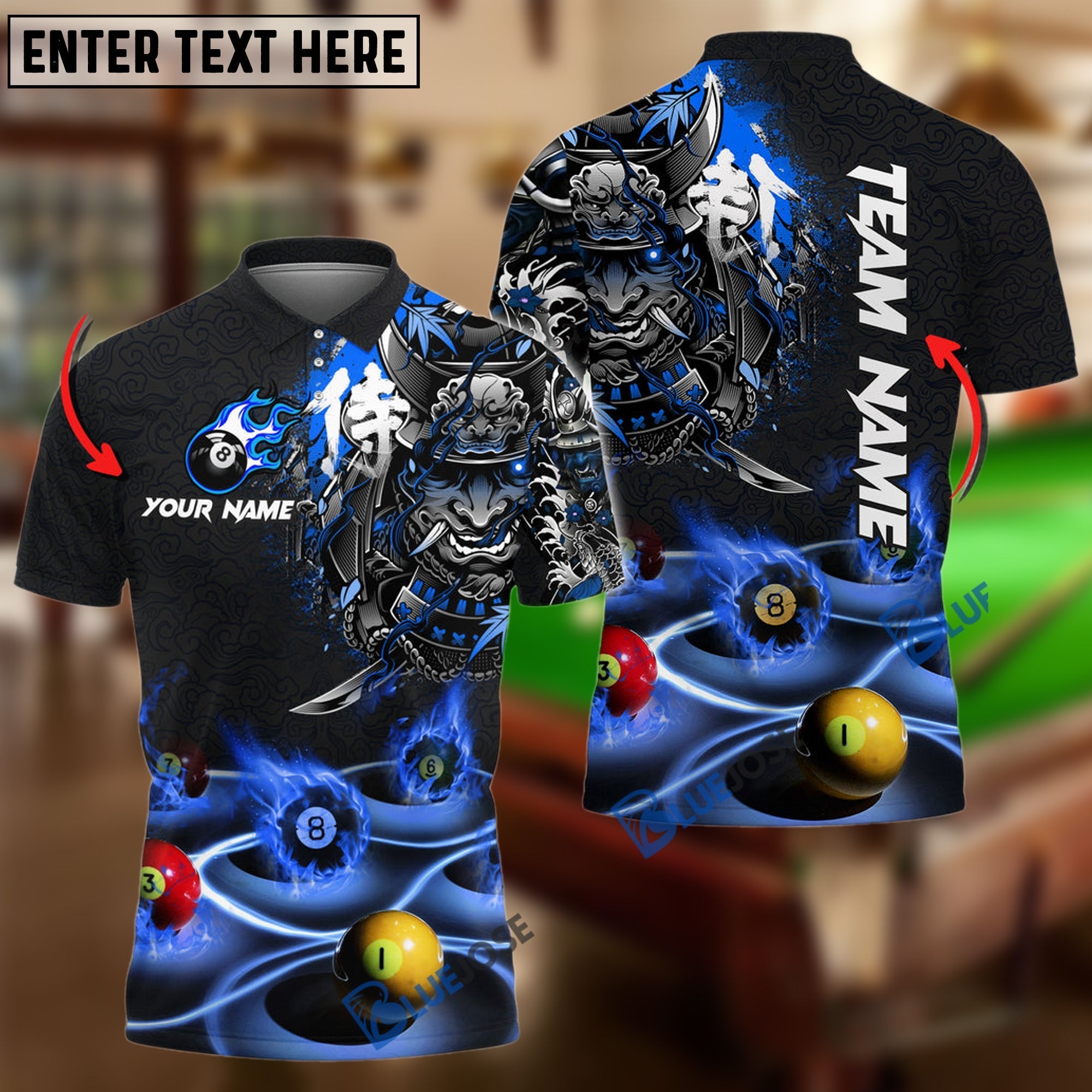 BlueJose Billiards Flame Samurai Personalized Name, Team Name Shirt (6 Colors)