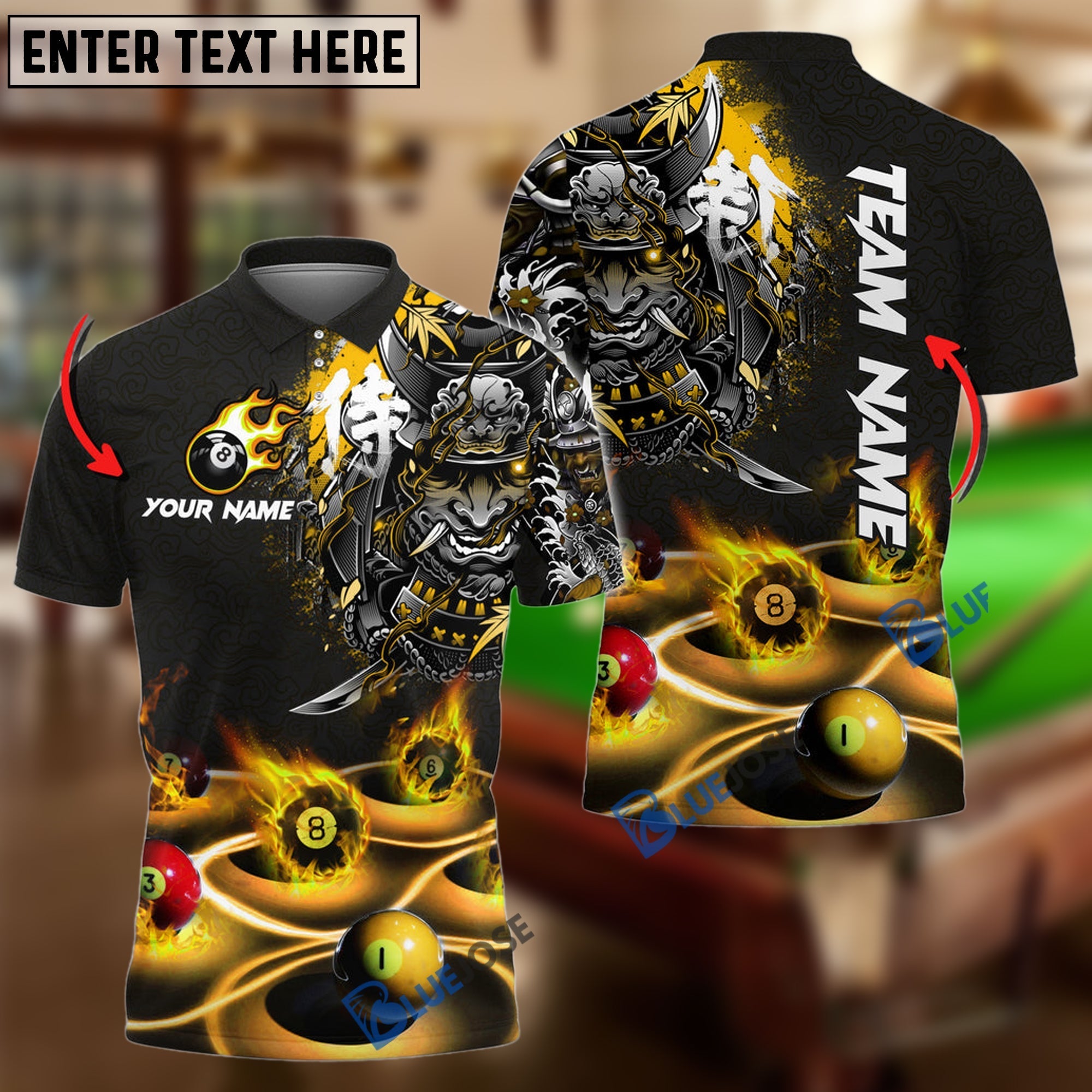 BlueJose Billiards Flame Samurai Personalized Name, Team Name Shirt (6 Colors)
