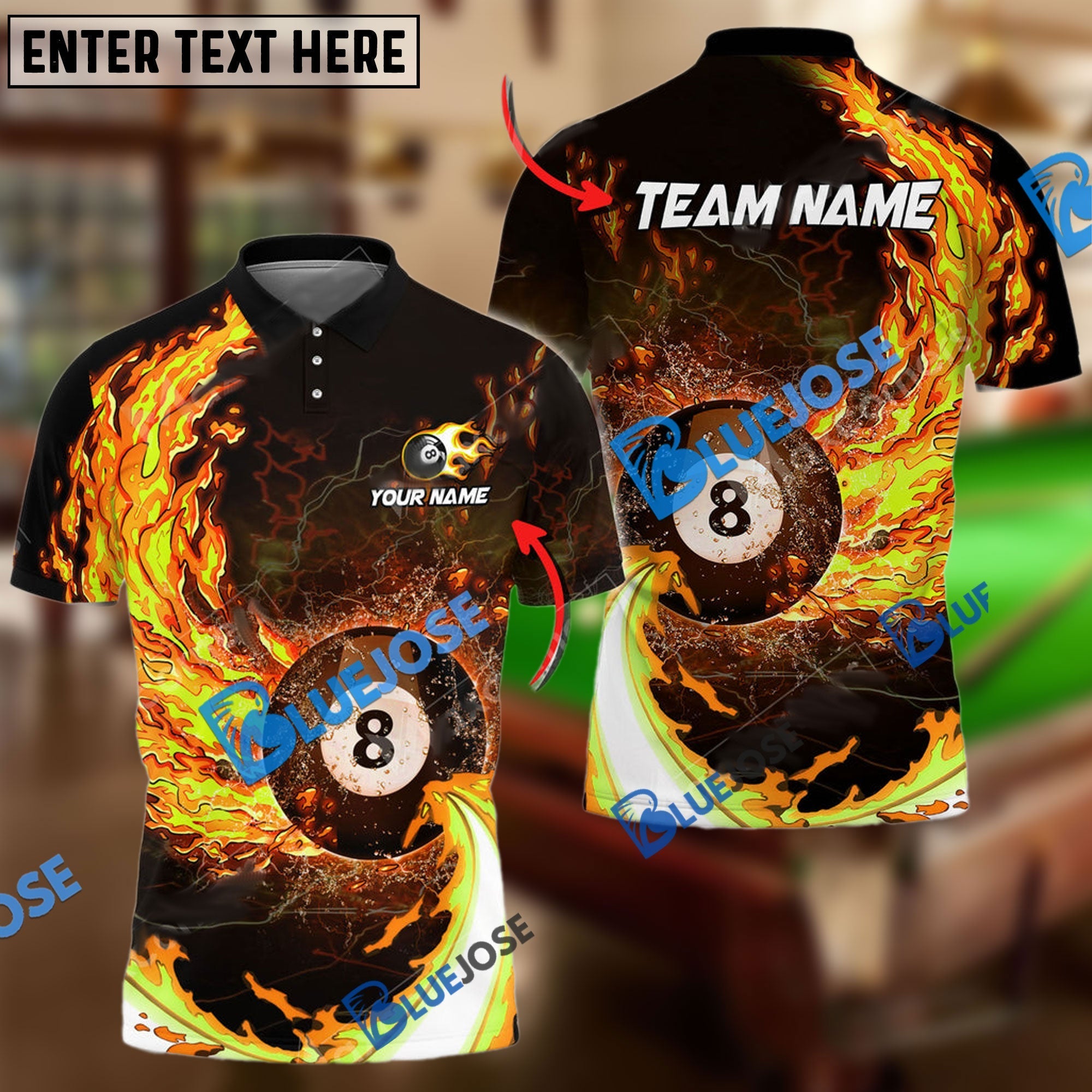 BlueJose Billiards Ball 8 Breath Of Fire Personalized Name, Team Name Unisex Shirt (6 Colors)