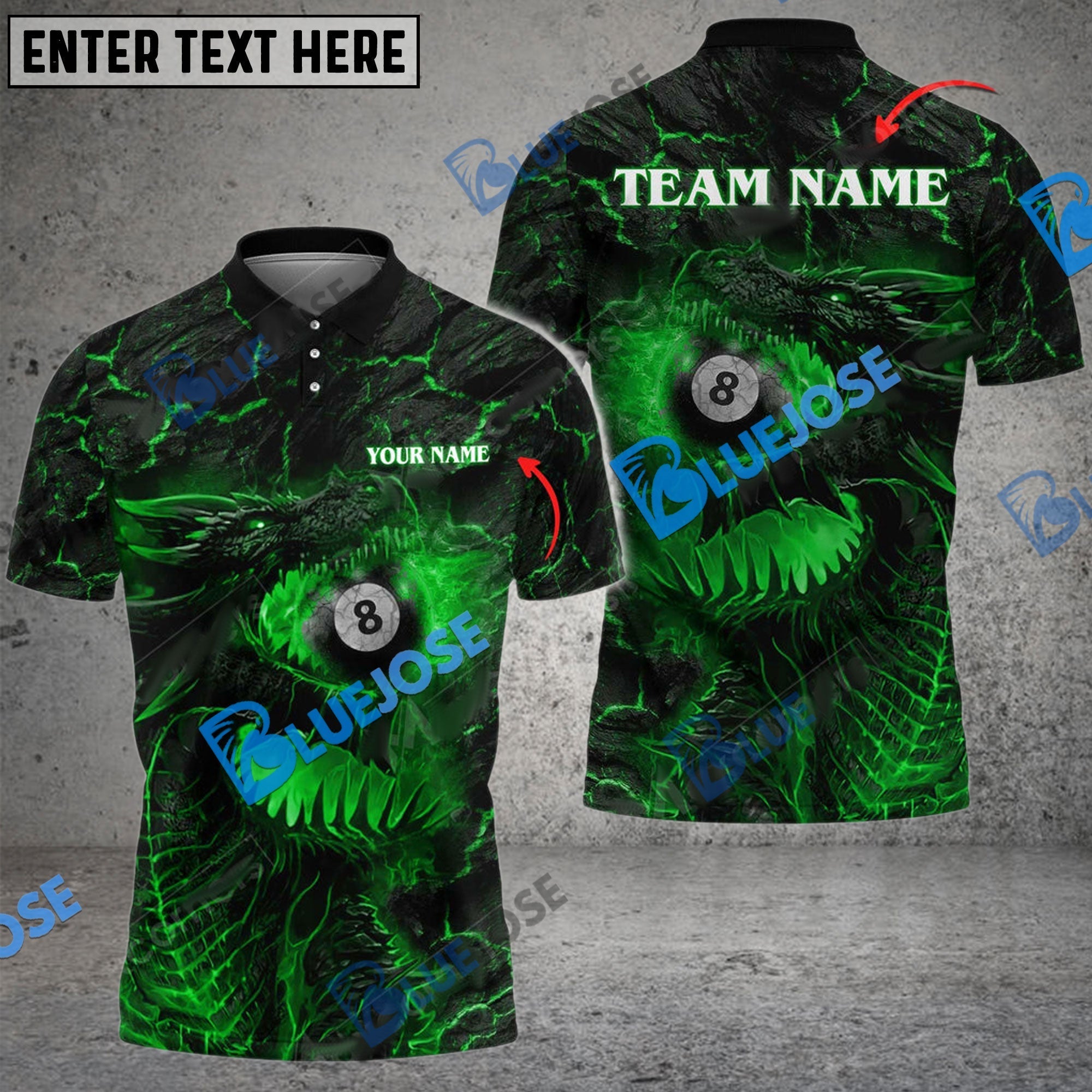 BlueJose Billiards Ball 8 Firaga Dragon Personalized Name, Team Name Unisex Shirt (4 Colors)