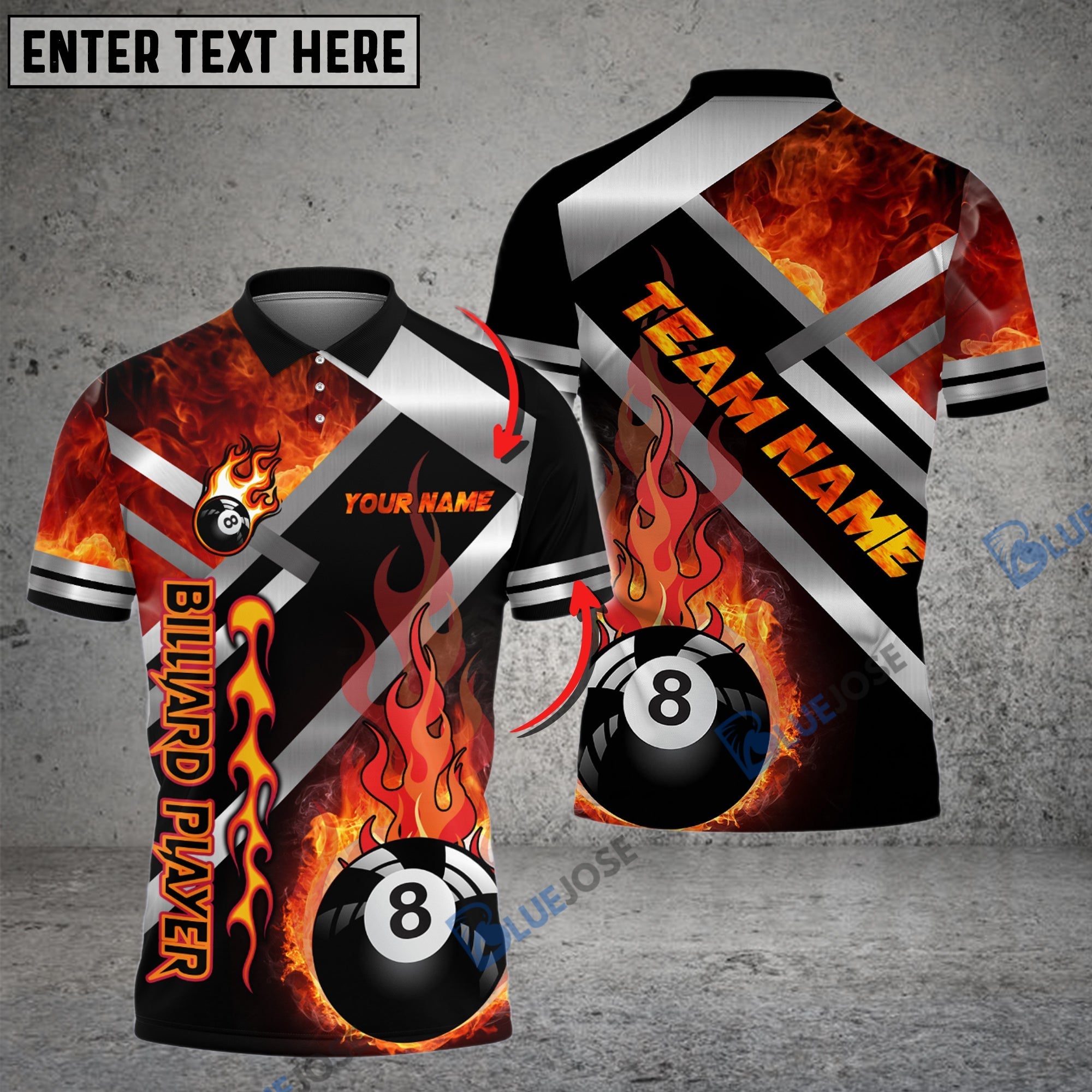 BlueJose Billiards Ball 8 Metal And Fire Personalized Name, Team Name Unisex Shirt (4 Colors)