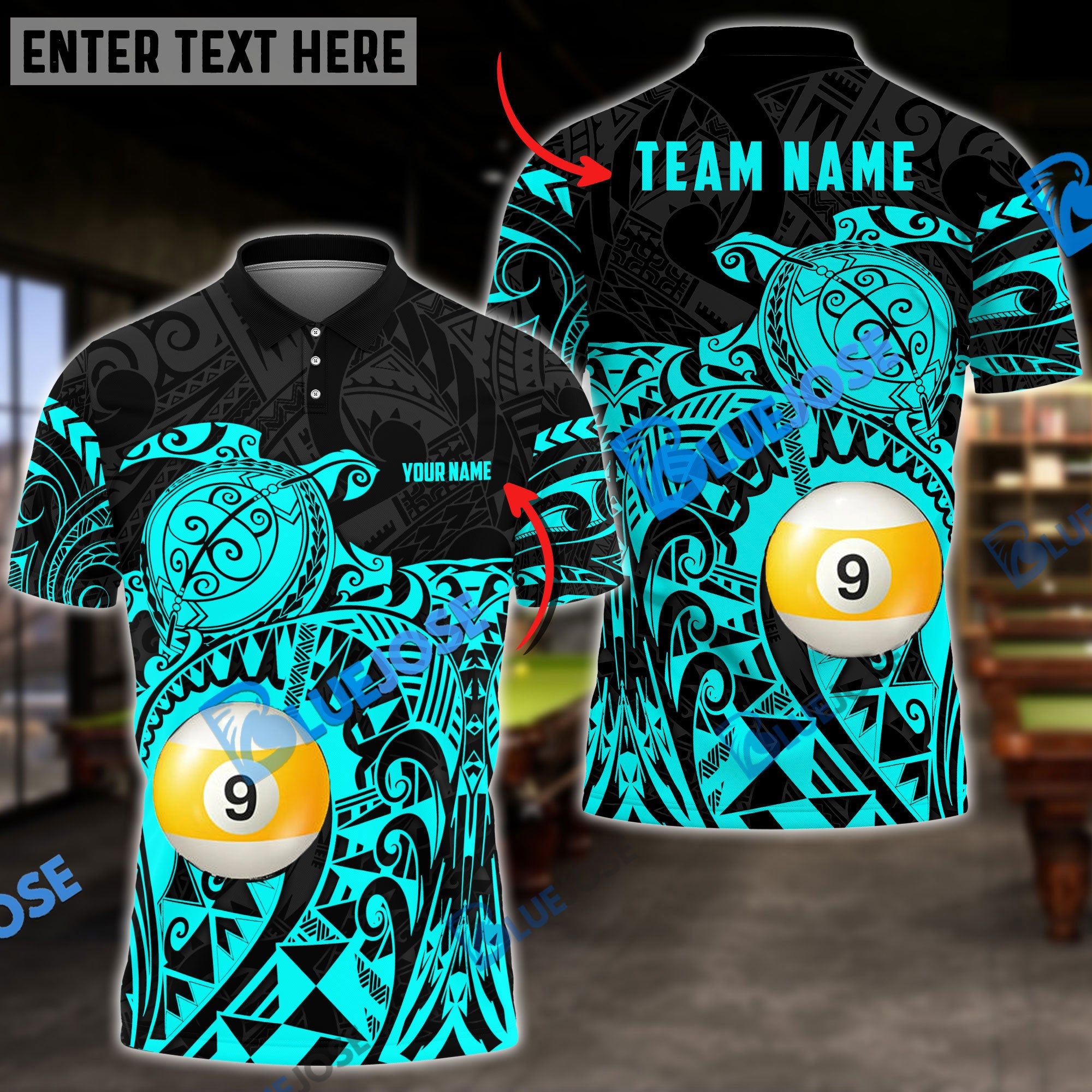 BlueJose Billiards Ball 9 Maori Turtle Personalized Name, Team Name Unisex Shirt ( 4 Colors )