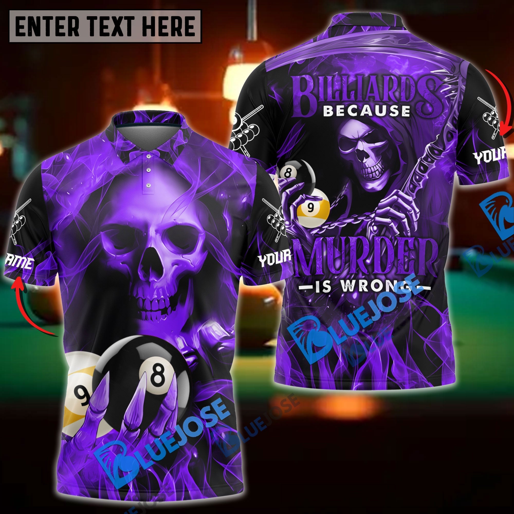 BlueJose Billiards Reaper Flame Personalized Name, Team Name Unisex Shirt (6 Colors)