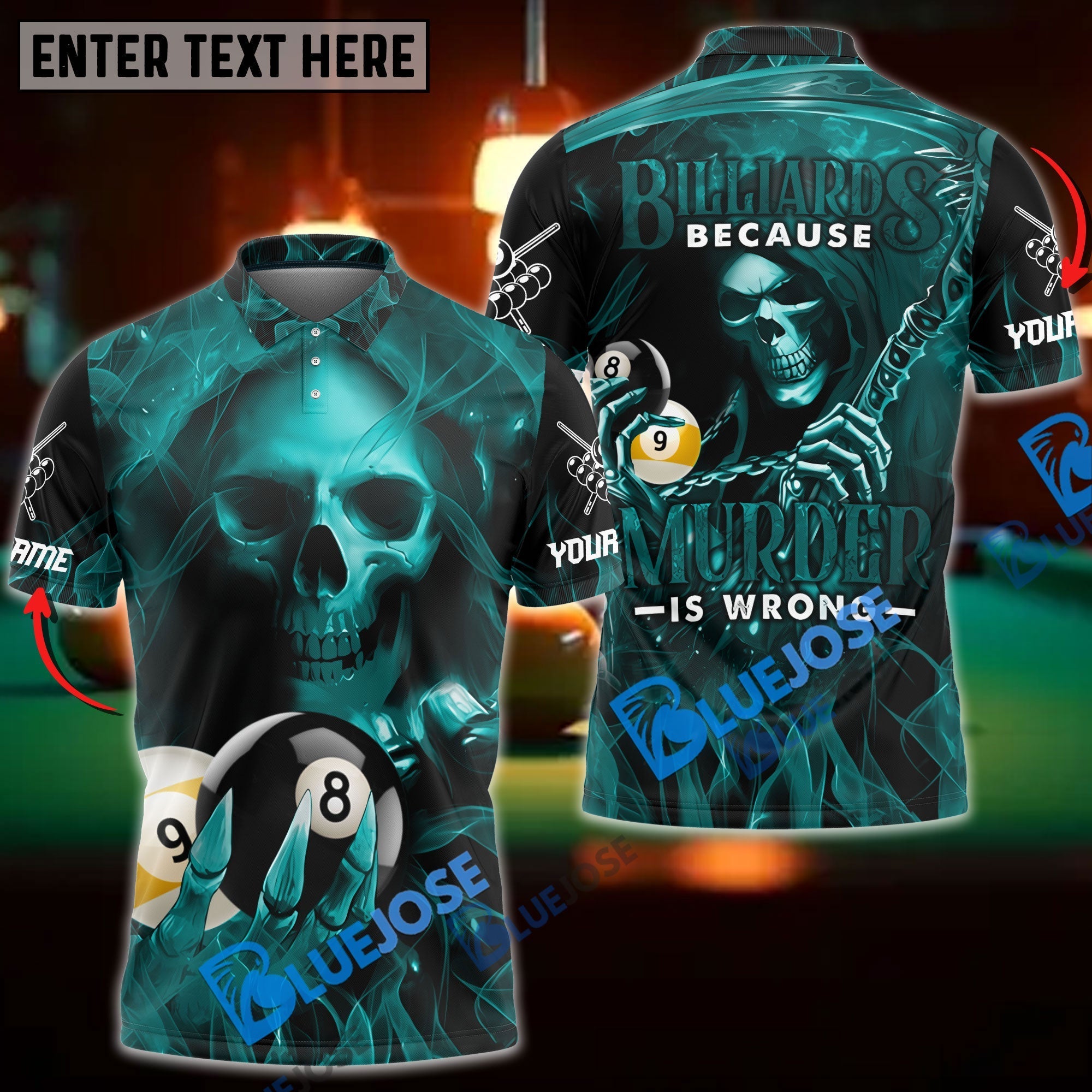 BlueJose Billiards Reaper Flame Personalized Name, Team Name Unisex Shirt (6 Colors)