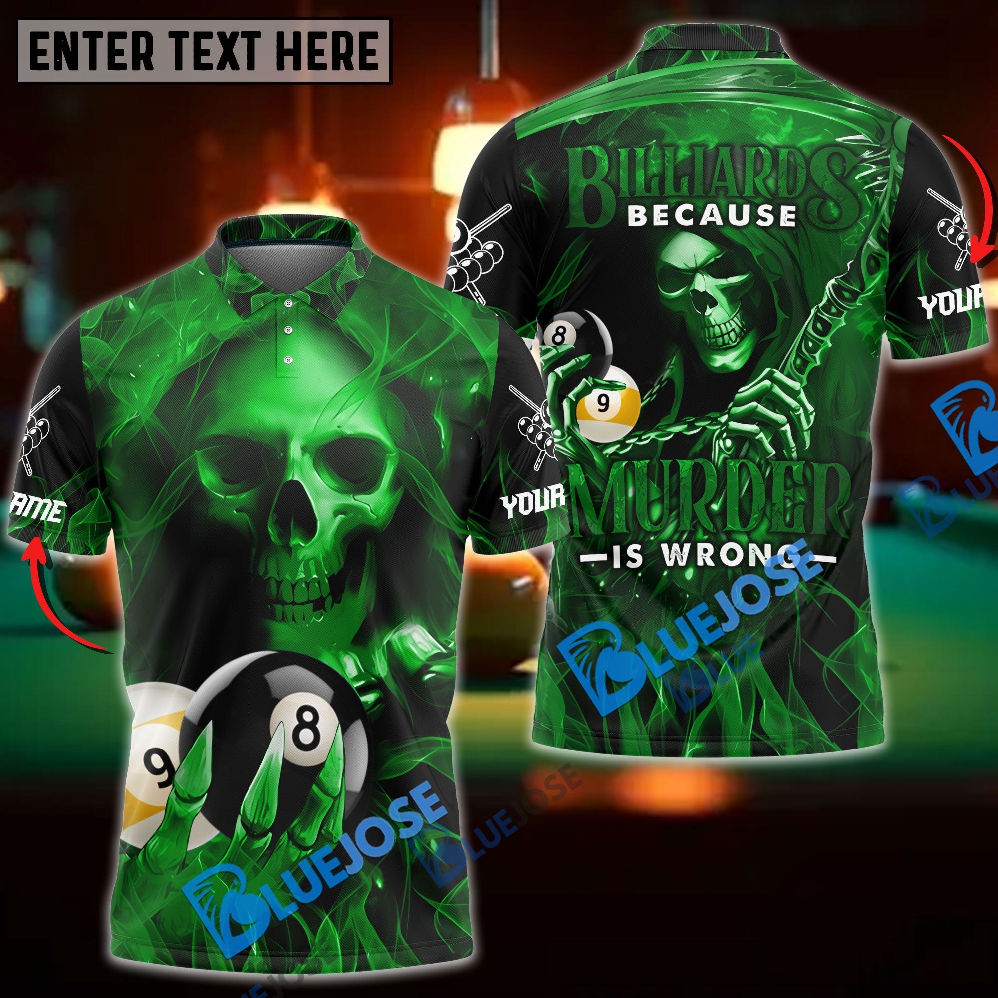 BlueJose Billiards Reaper Flame Personalized Name, Team Name Unisex Shirt (6 Colors)