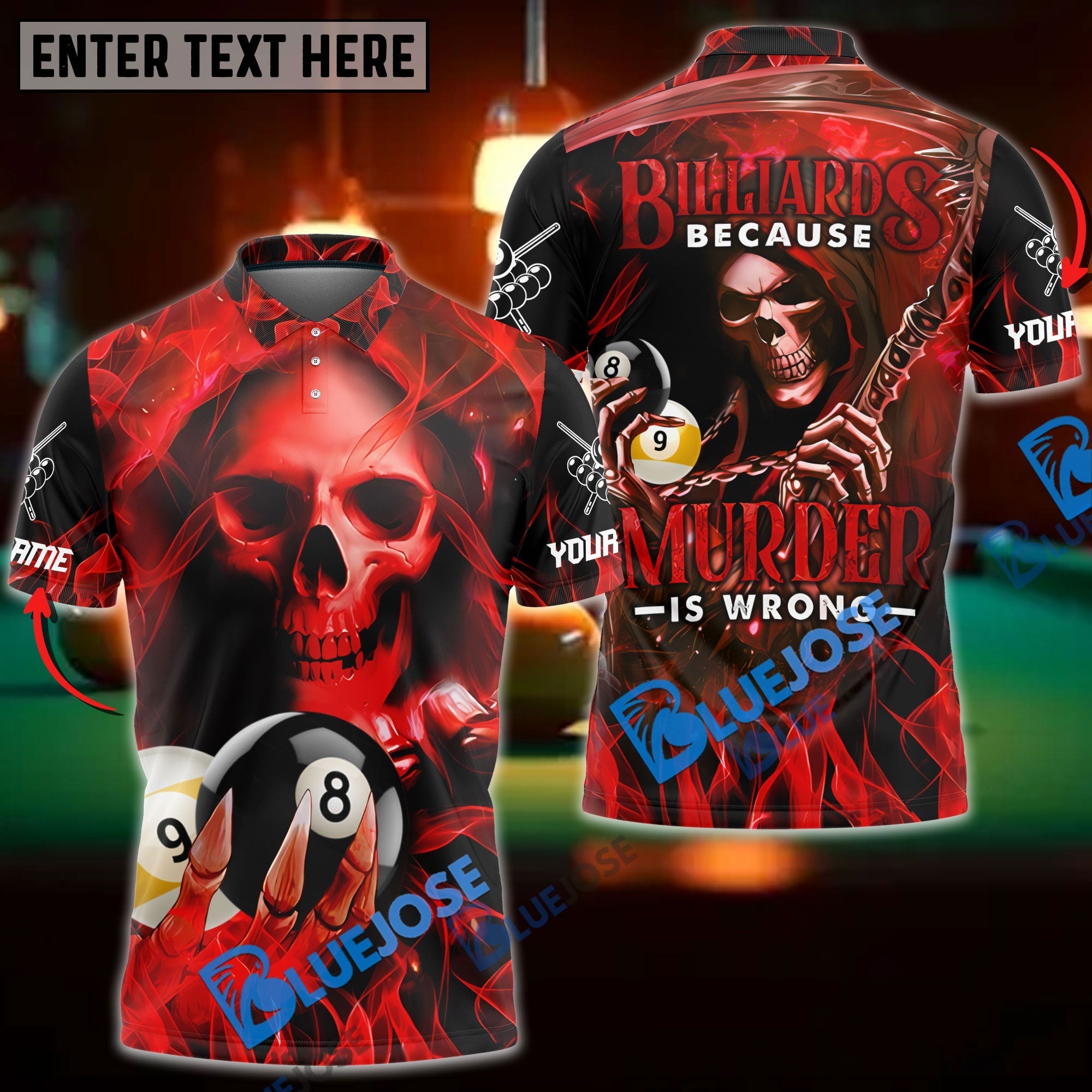 BlueJose Billiards Reaper Flame Personalized Name, Team Name Unisex Shirt (6 Colors)