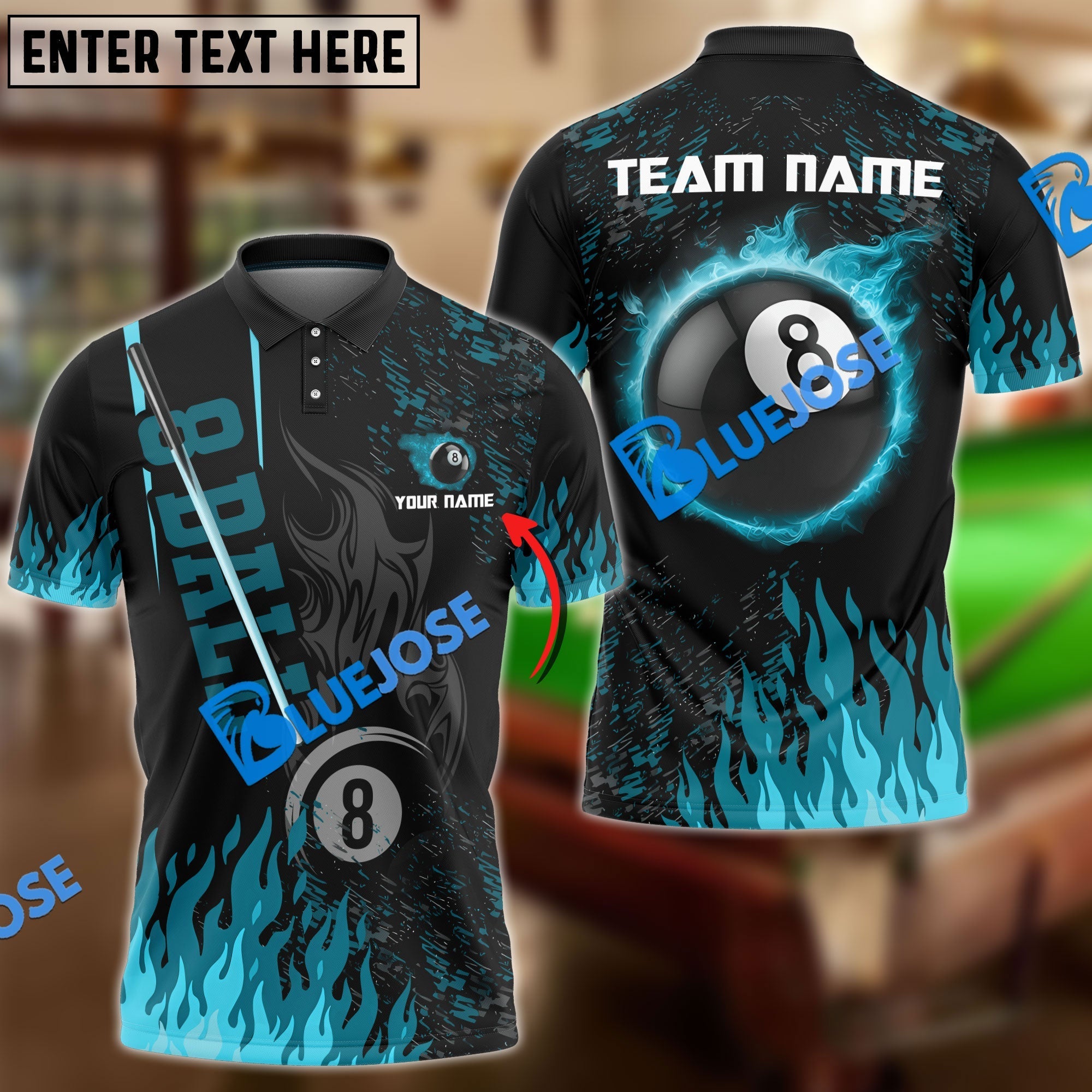 BlueJose Billiards Ball 8 Burning Room Personalized Name, Team Name Unisex Shirt (4 Colors)
