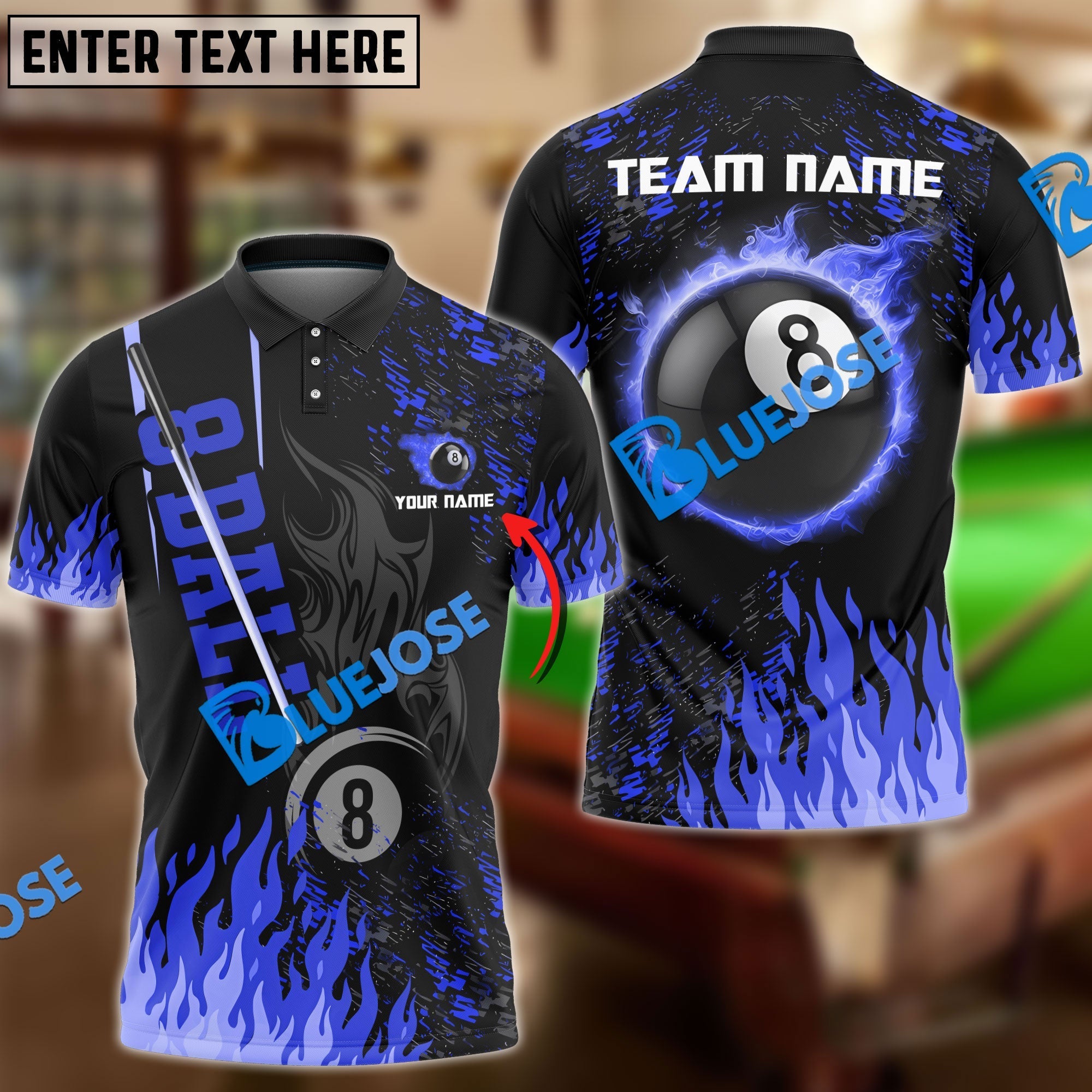 BlueJose Billiards Ball 8 Burning Room Personalized Name, Team Name Unisex Shirt (4 Colors)