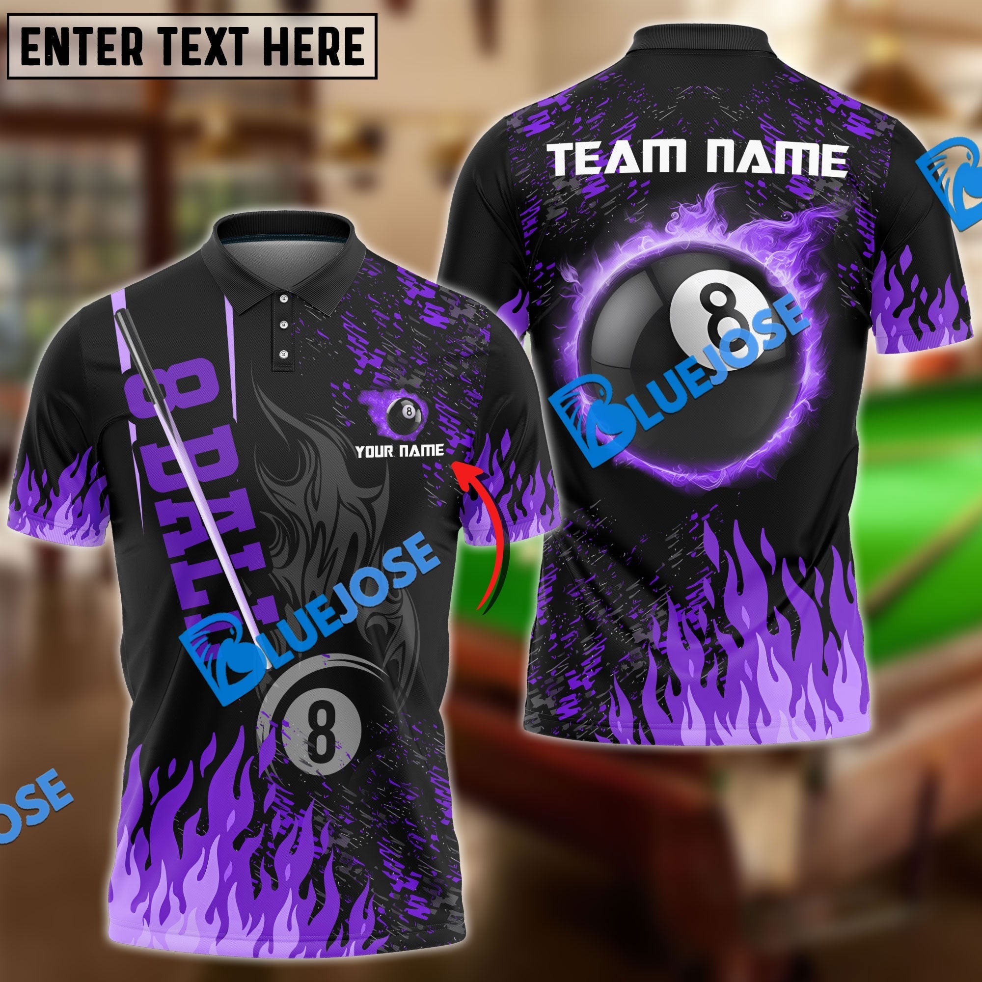 BlueJose Billiards Ball 8 Burning Room Personalized Name, Team Name Unisex Shirt (4 Colors)