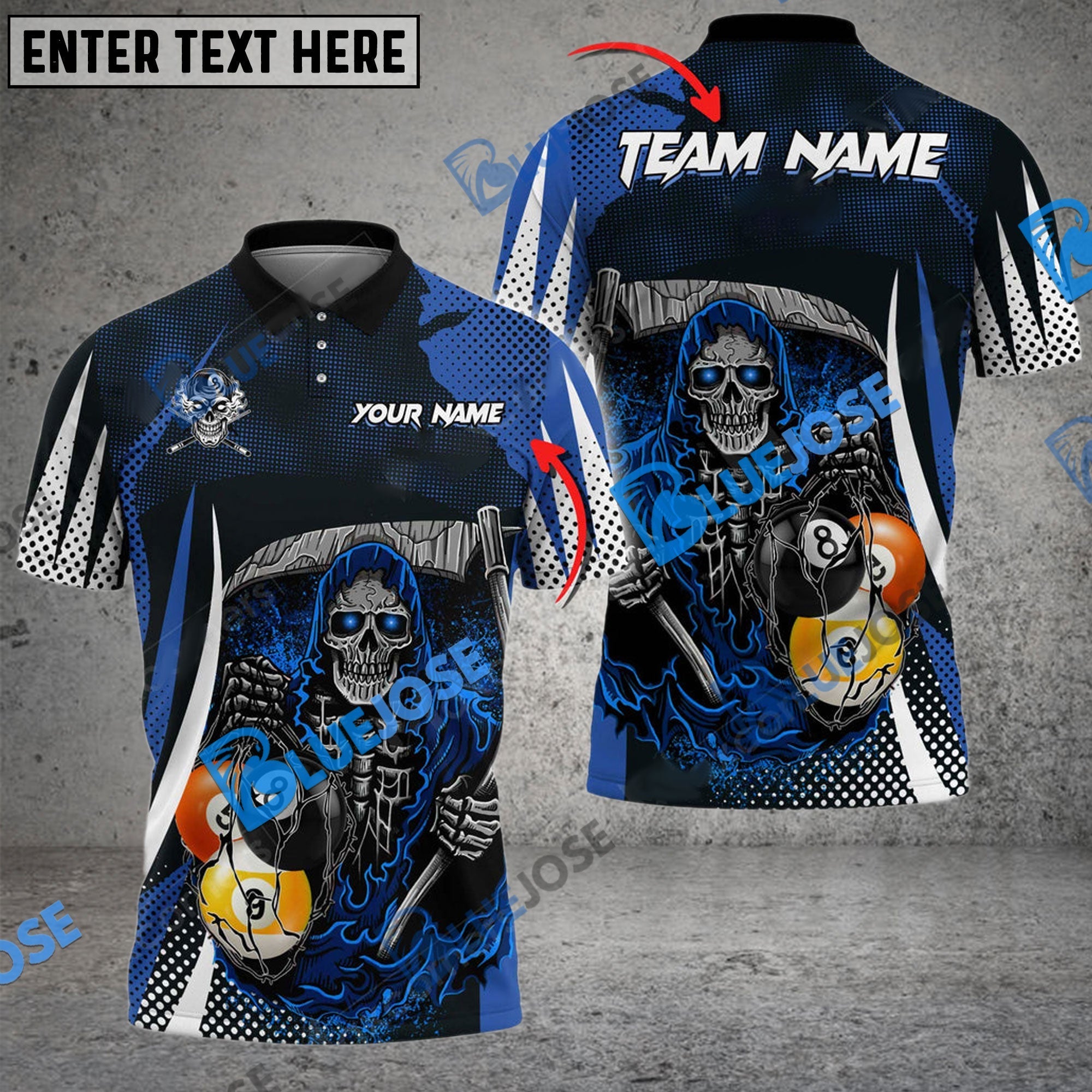BlueJose Billiards  8 Ball & 9 Ball Death Bringer Reaper Personalized Name, Team Name Unisex Shirt (6 Colors)