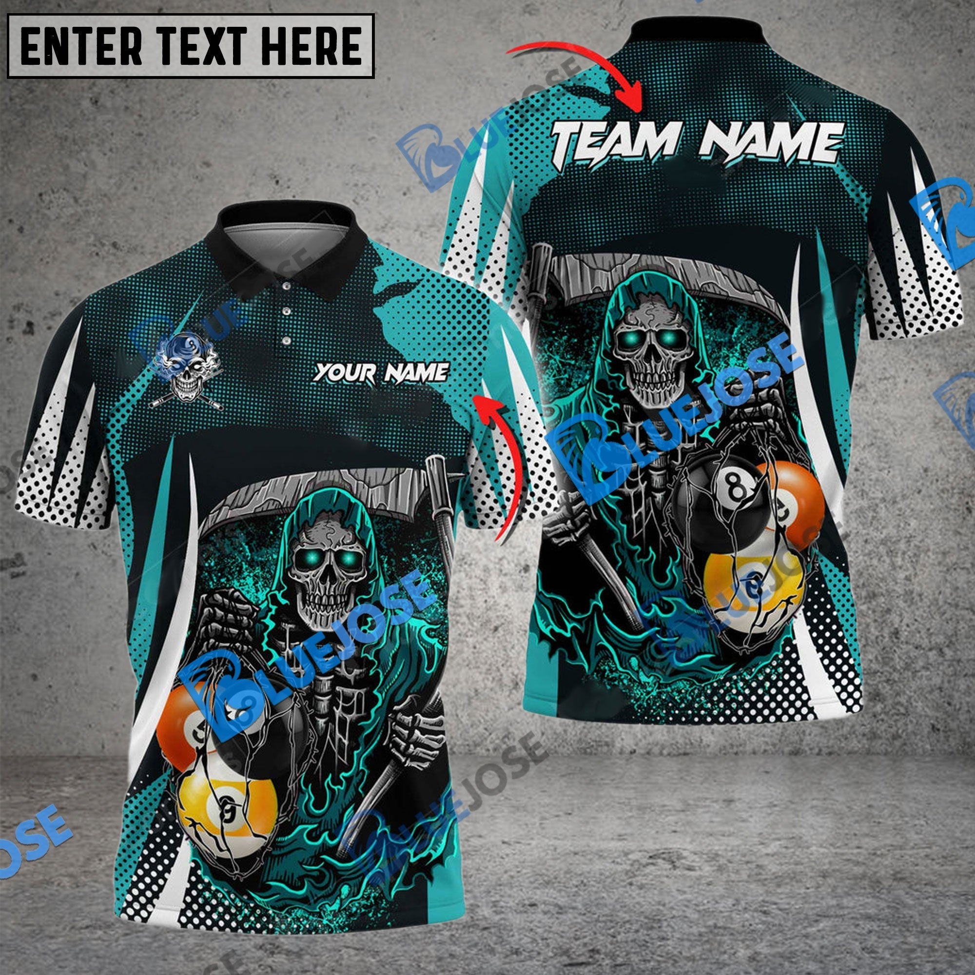 BlueJose Billiards  8 Ball & 9 Ball Death Bringer Reaper Personalized Name, Team Name Unisex Shirt (6 Colors)