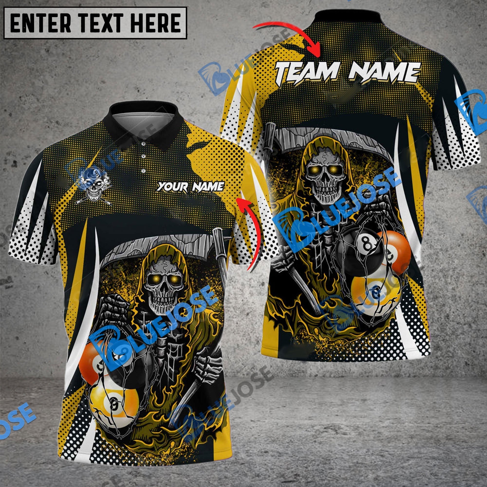 BlueJose Billiards  8 Ball & 9 Ball Death Bringer Reaper Personalized Name, Team Name Unisex Shirt (6 Colors)