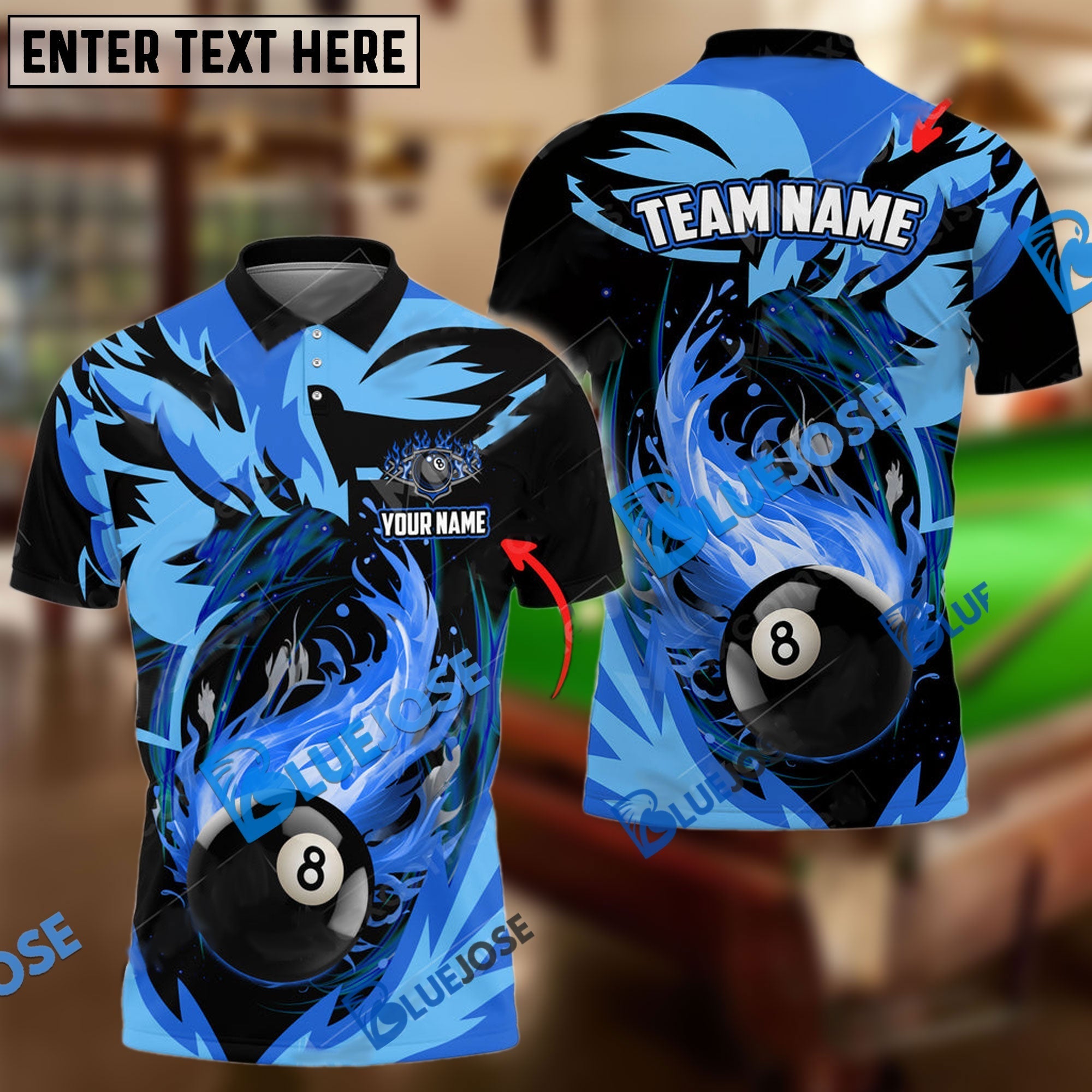 BlueJose Billiards Fire Phoenix Personalized Name, Team Name Unisex Shirt (6 Colors)