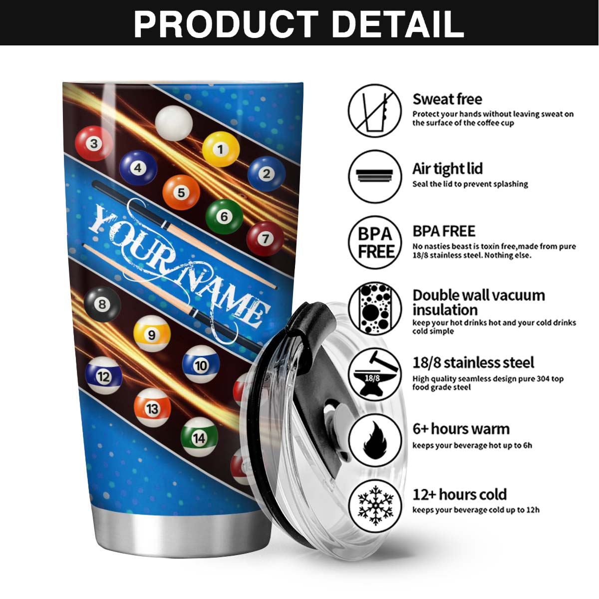 BlueJose Billiards Skull Personalized Stainless Steel Tumbler