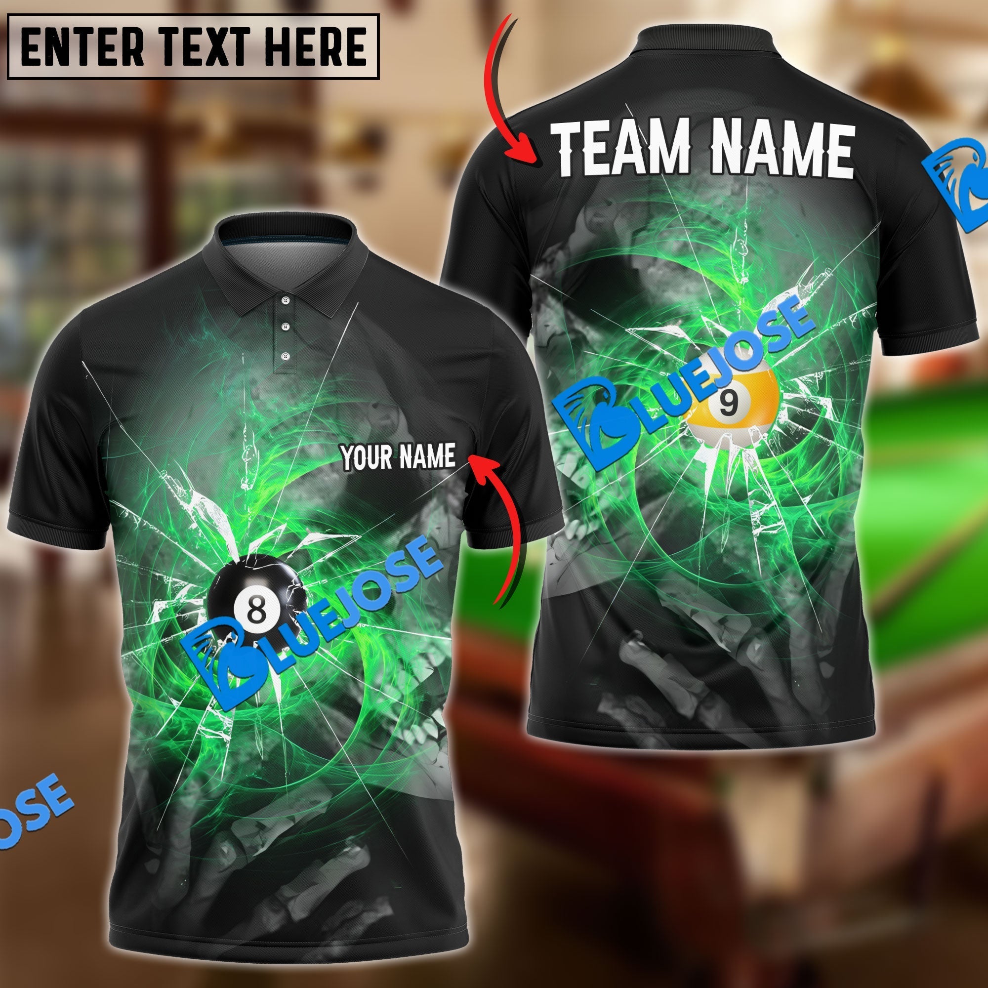 BlueJose Billiards Ball 8&9 Spinning Wind Skull Eye Personalized Name, Team Name Shirt (4 Colors)