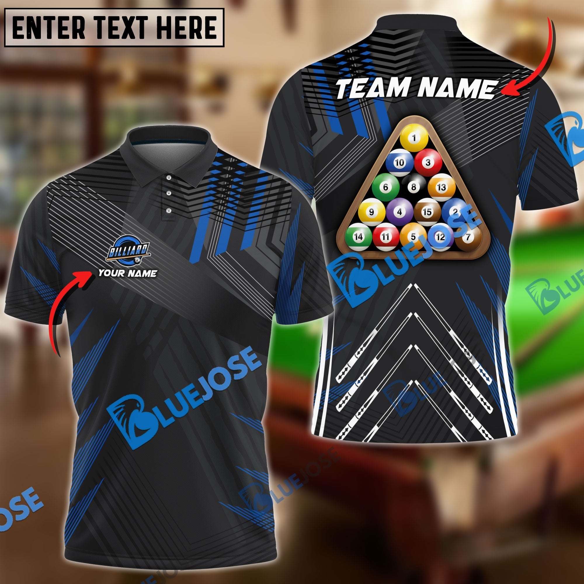 BlueJose Billiards Ball 8 Pro Tournament 2 Personalized Name, Team Name Shirt (6 Colors)