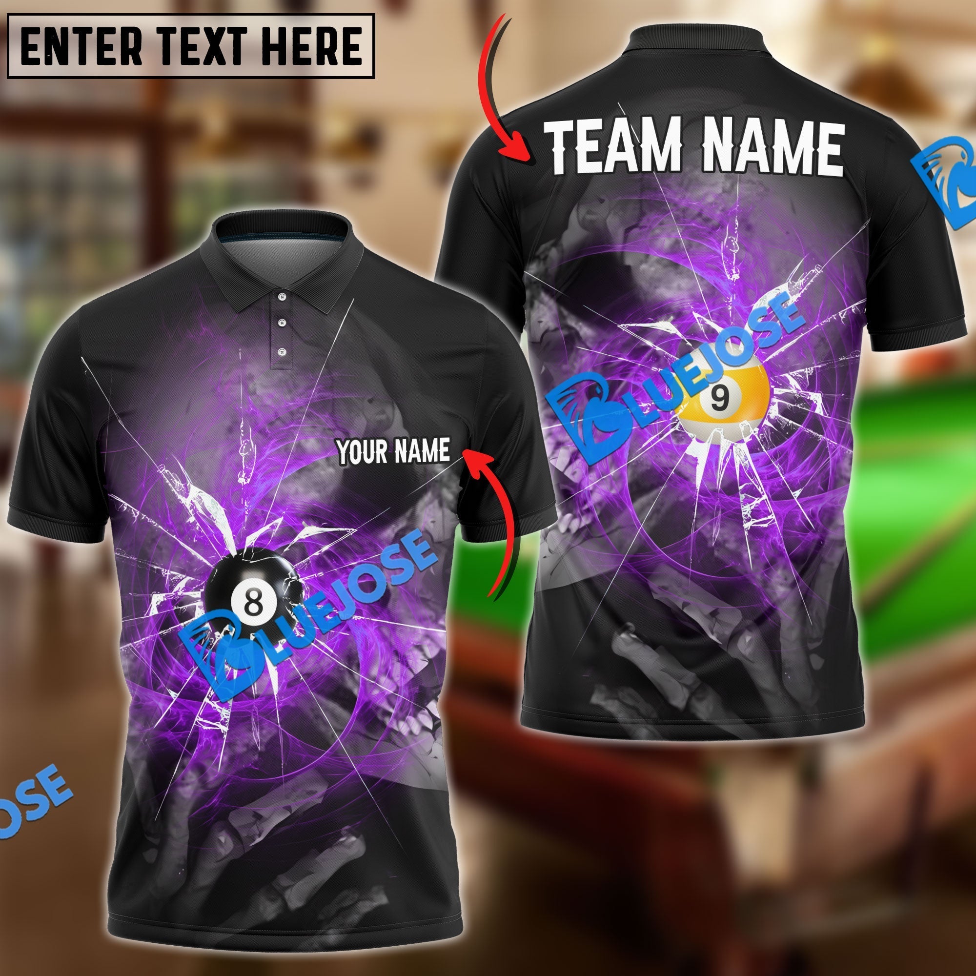 BlueJose Billiards Ball 8&9 Spinning Wind Skull Eye Personalized Name, Team Name Shirt (4 Colors)