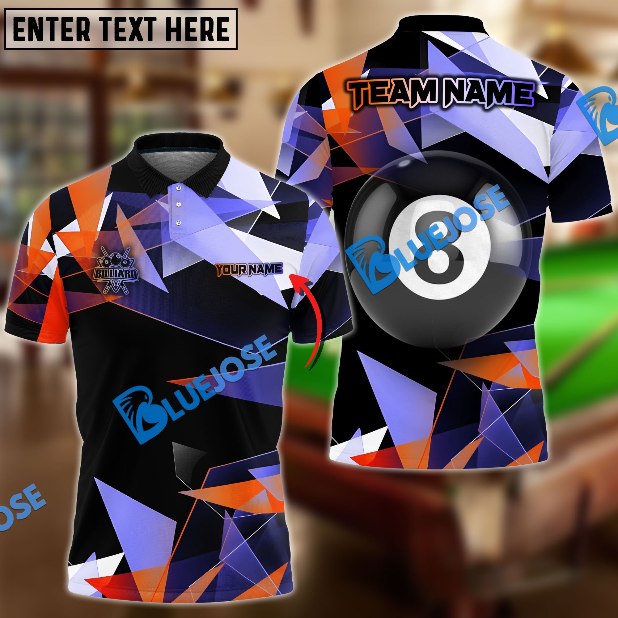 BlueJose Billiards Ball 8 Colorful Glass Personalized Name, Team Name Shirt (4 Colors)