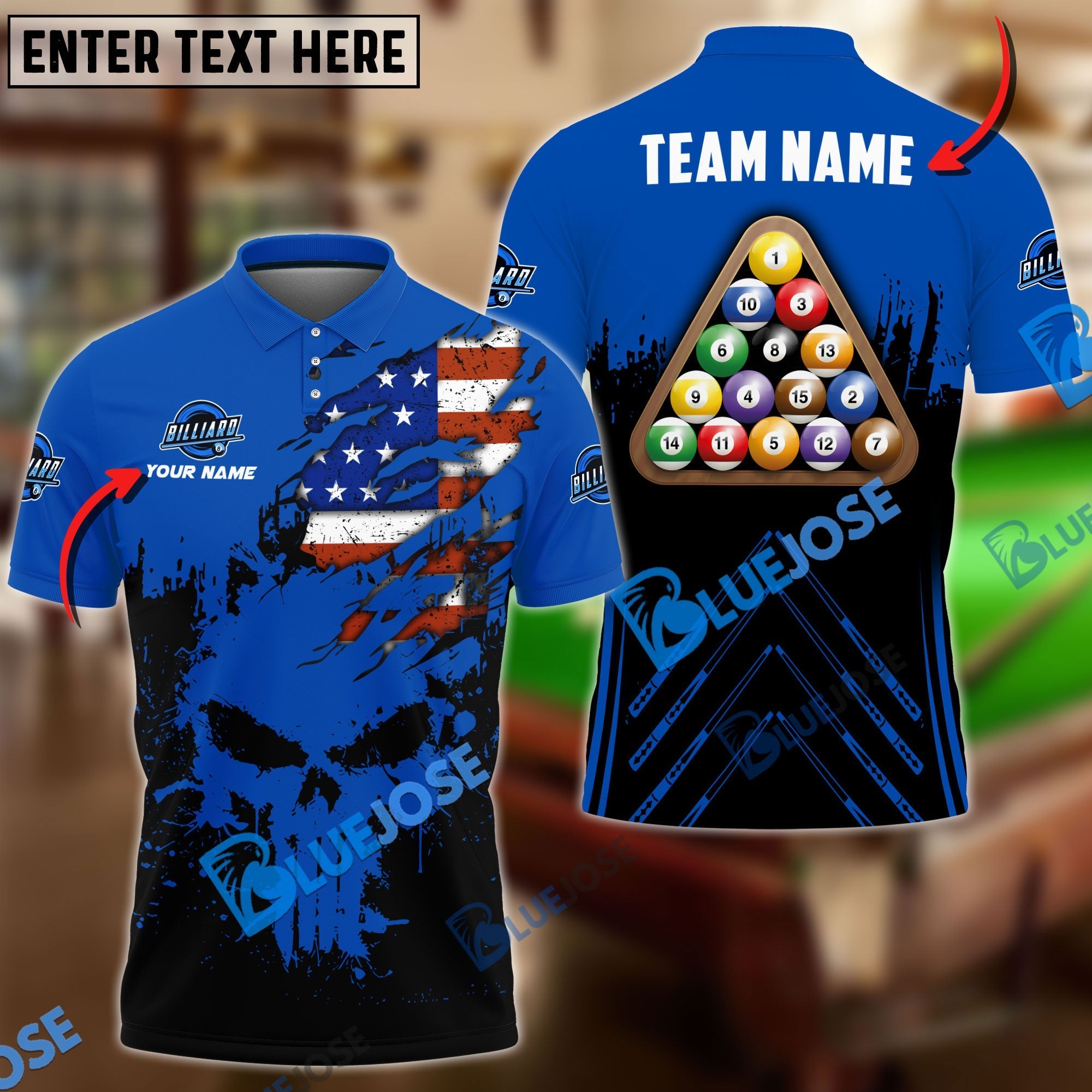 BlueJose Billiards Ball 8 Punished Skull Personalized Name, Team Name Shirt (6 Colors)