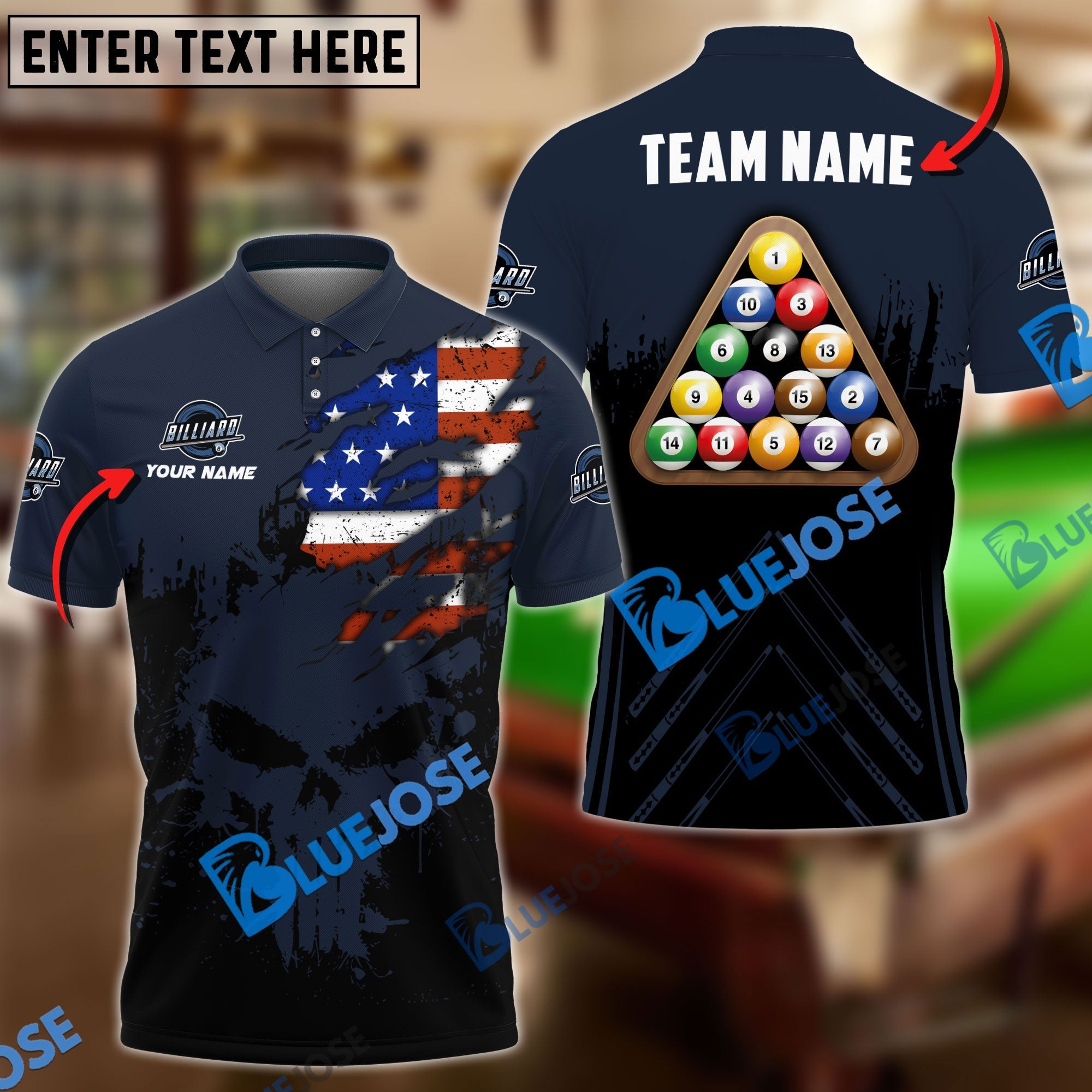 BlueJose Billiards Ball 8 Punished Skull Personalized Name, Team Name Shirt (6 Colors)