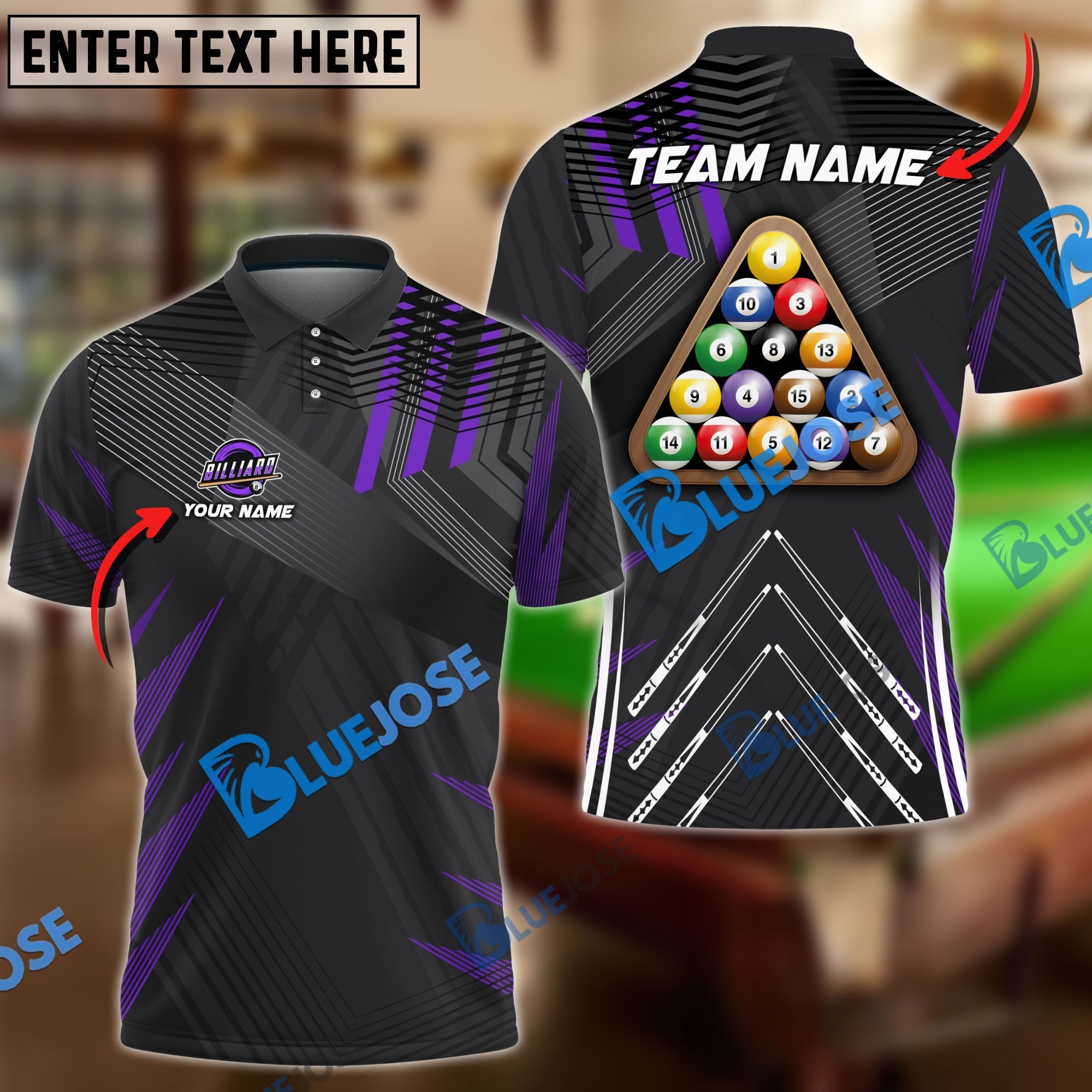 BlueJose Billiards Ball 8 Pro Tournament 2 Personalized Name, Team Name Shirt (6 Colors)