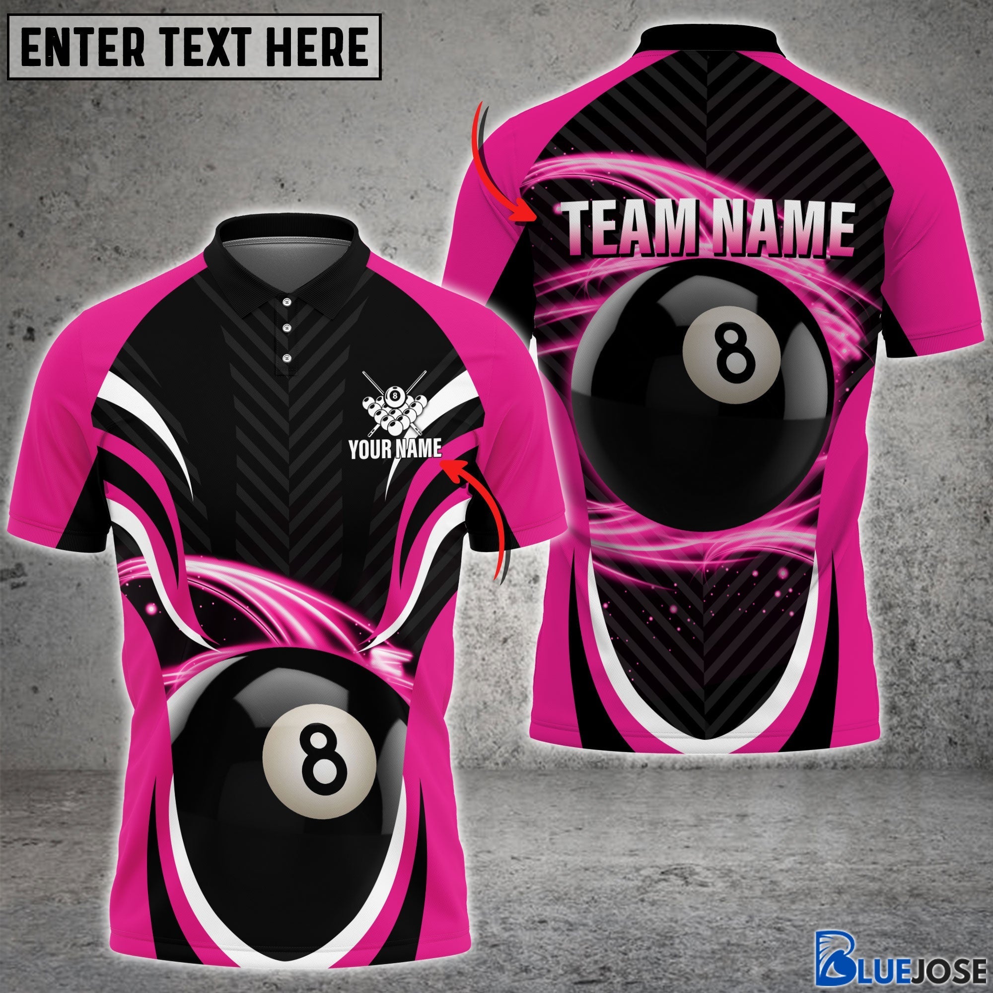 BlueJose Billiard 8 Ball 7 Colors Personalized Name & Team Name Polo Shirt