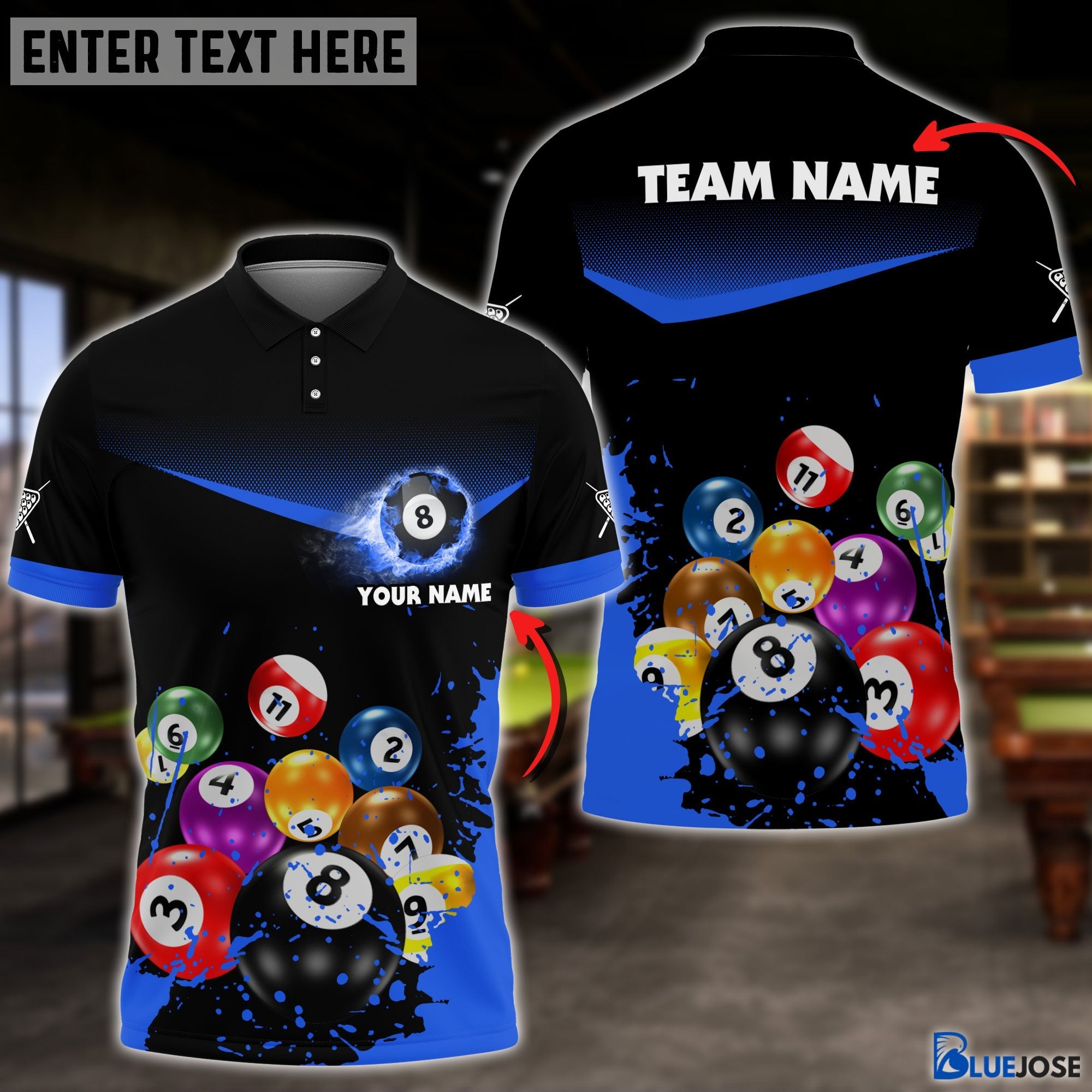 BlueJose Billiards Paint Pattern Personalized Name, Team Name Unisex Shirt