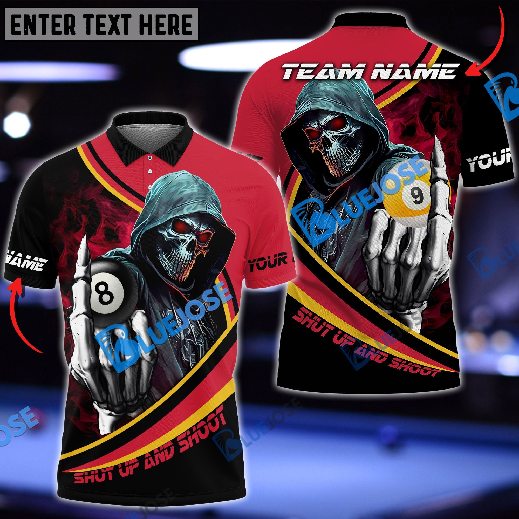 BlueJose Billiards Ball 8 And 9 Hooded Skull Personalized Name, Team Name Unisex Shirt (4 Colors)