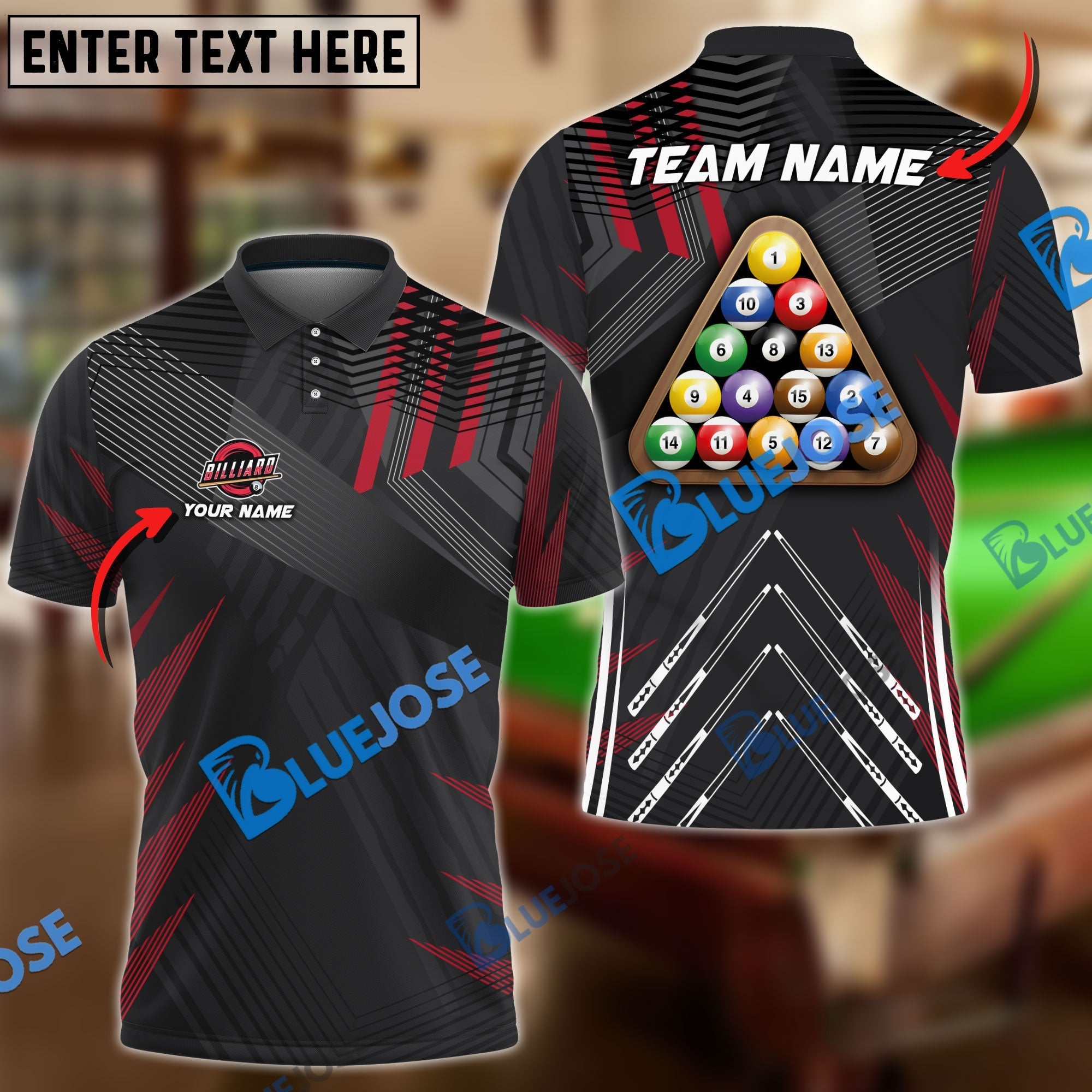 BlueJose Billiards Ball 8 Pro Tournament 2 Personalized Name, Team Name Shirt (6 Colors)