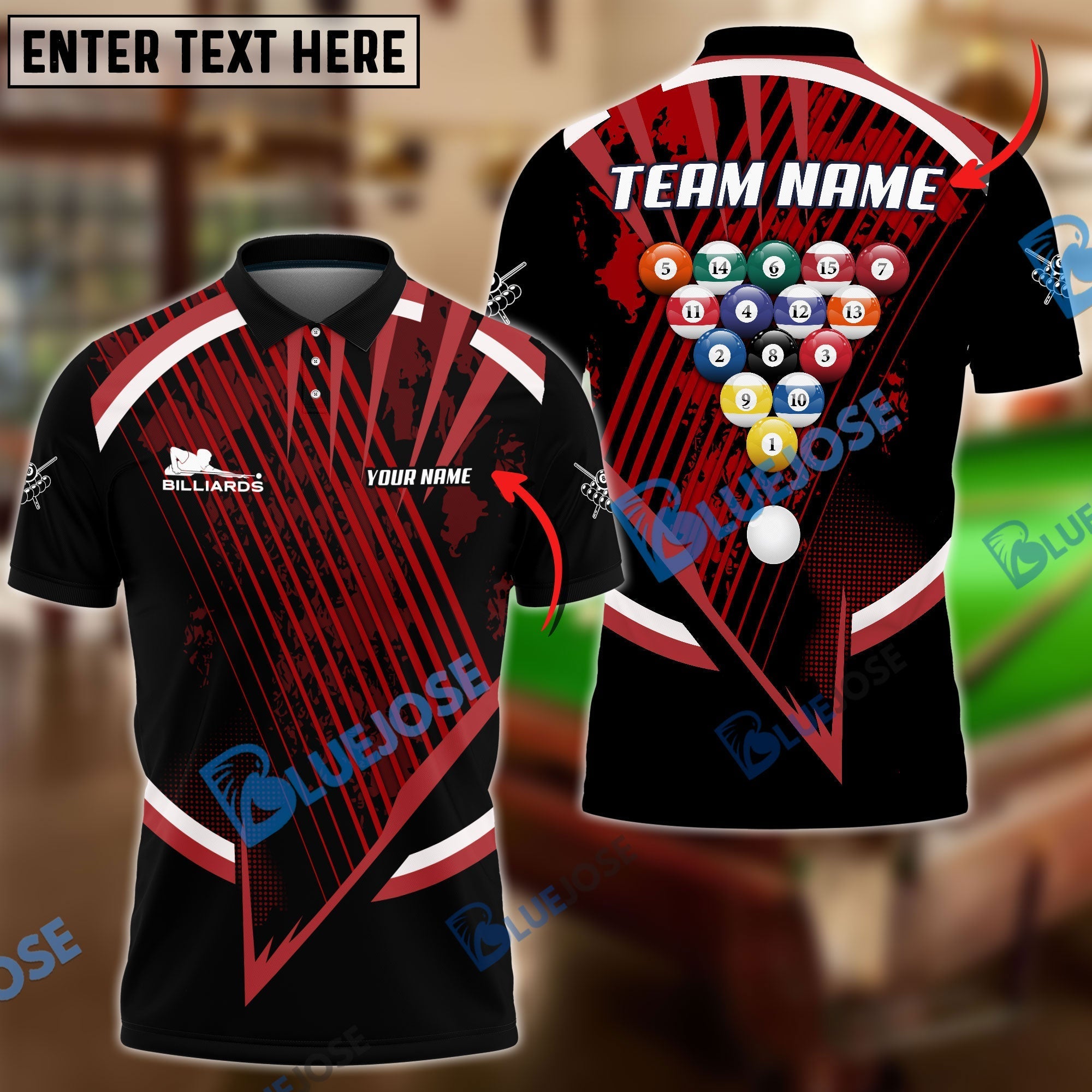 BlueJose Billiards Ball 8 Tournament Concept Personalized Name, Team Name Shirt (4 Colors)