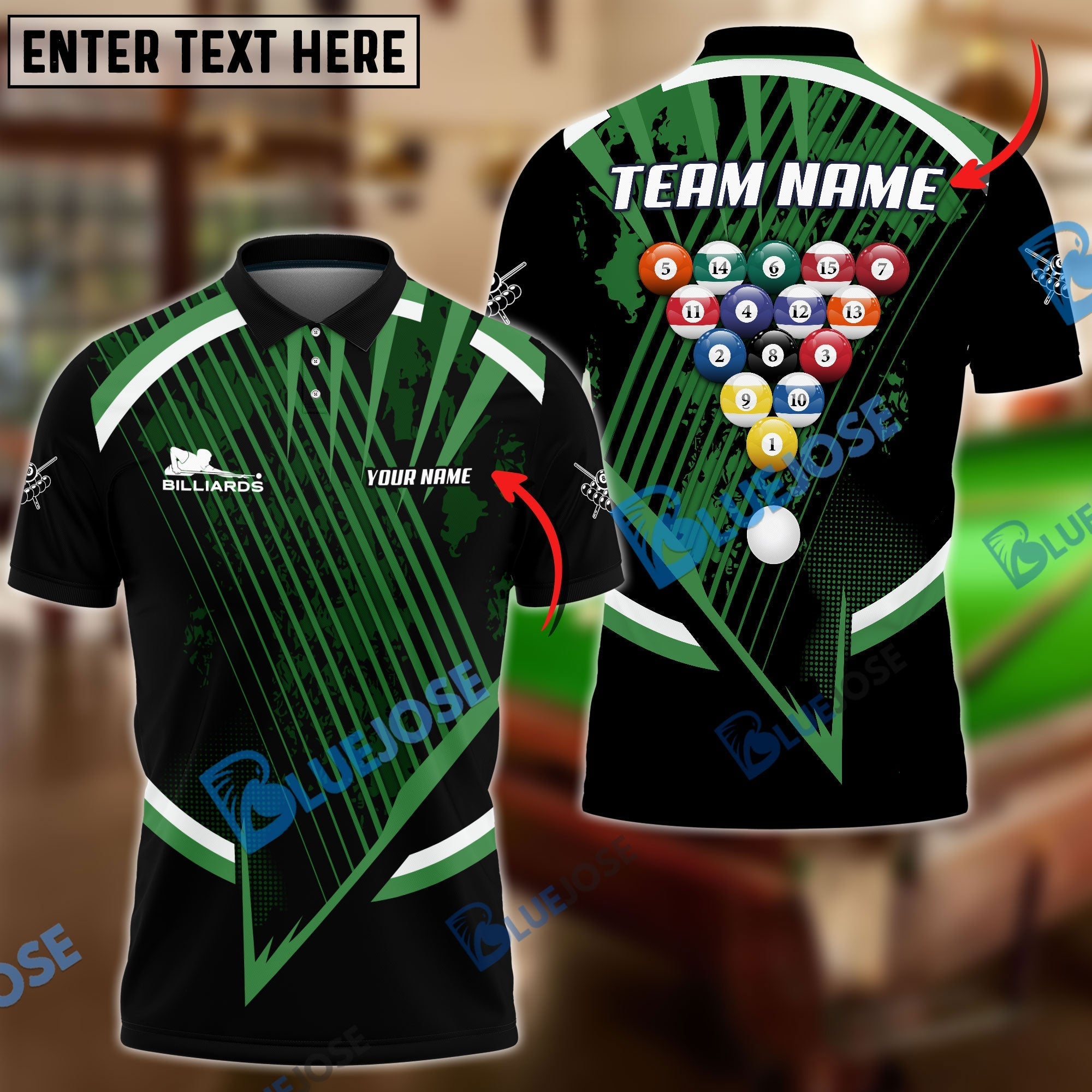 BlueJose Billiards Ball 8 Tournament Concept Personalized Name, Team Name Shirt (4 Colors)