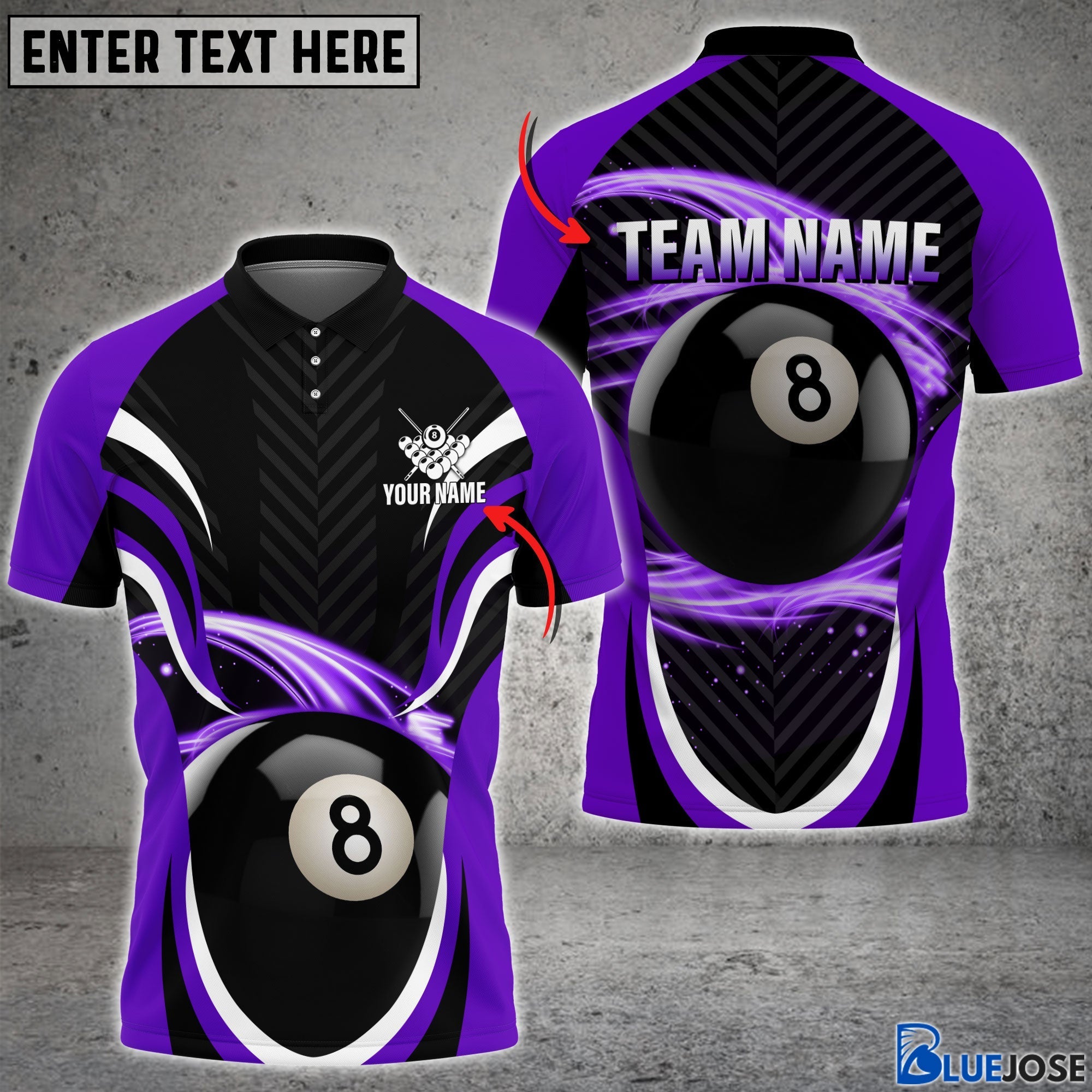 BlueJose Billiard 8 Ball 7 Colors Personalized Name & Team Name Polo Shirt