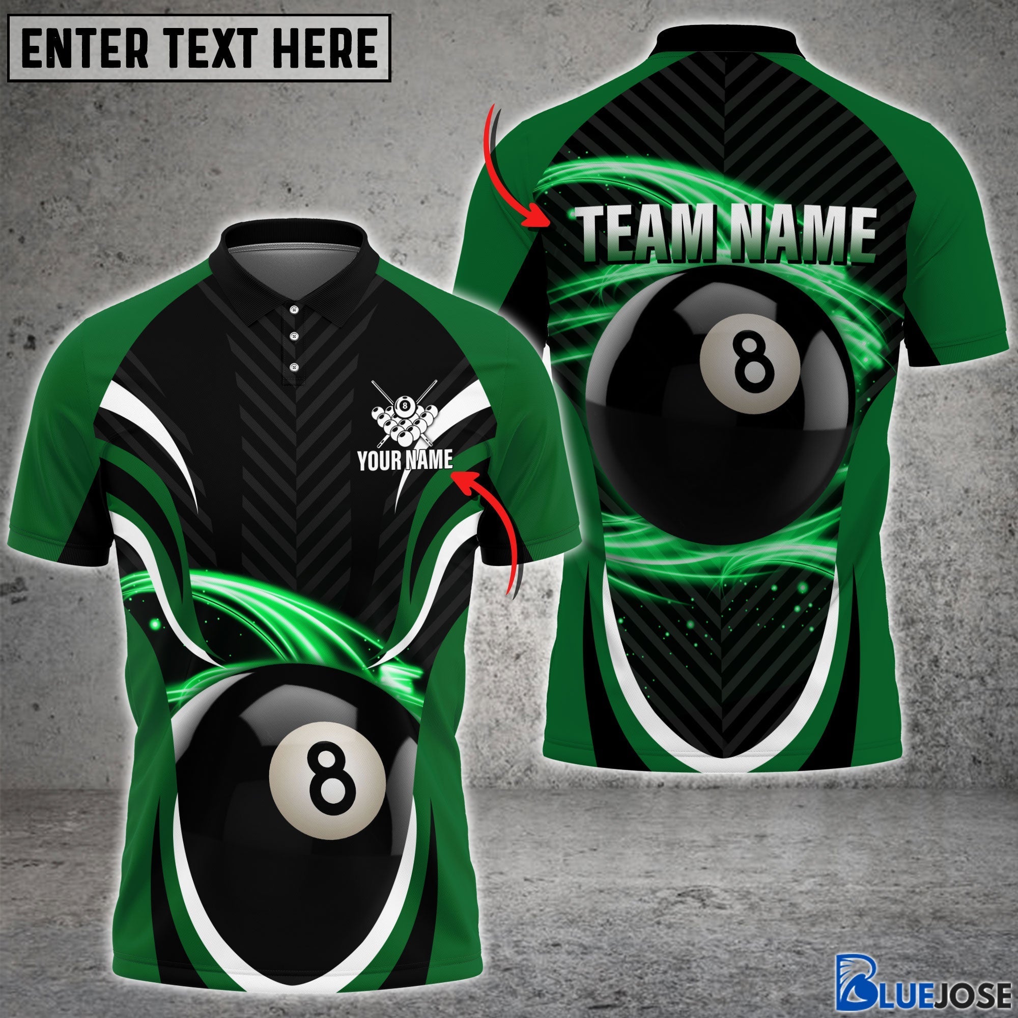 BlueJose Billiard 8 Ball 7 Colors Personalized Name & Team Name Polo Shirt