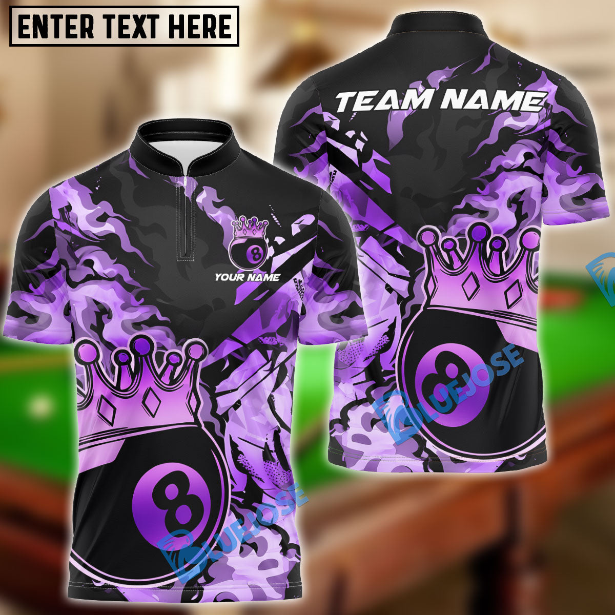BlueJose Billiards Ball 8 King Crown Golden Pattern Personalized Name & Team Name Shirt (4 Colors)