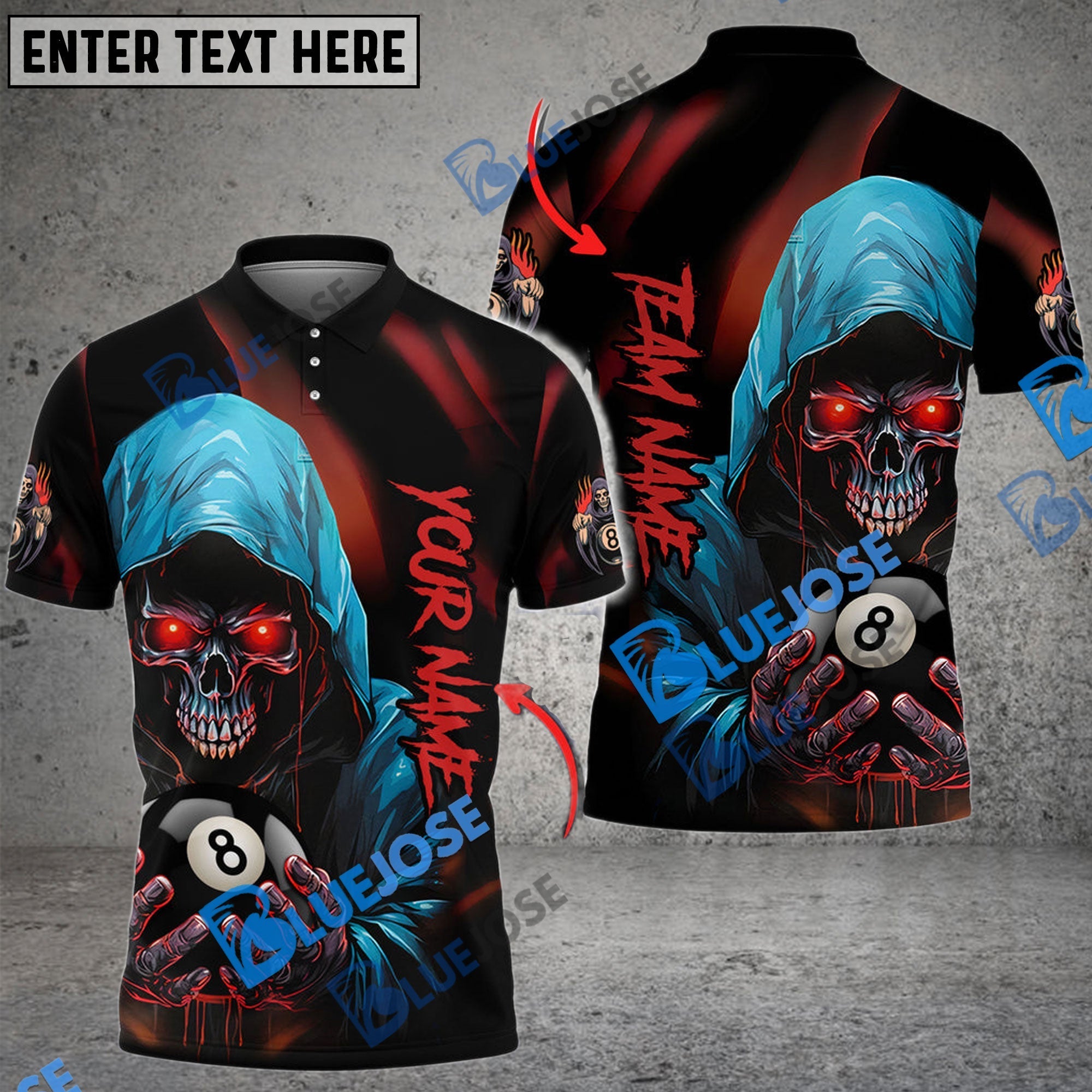 BlueJose Billiards Ball 8 Grim Reaper Skull Personalized Name Shirt (6 Colors)