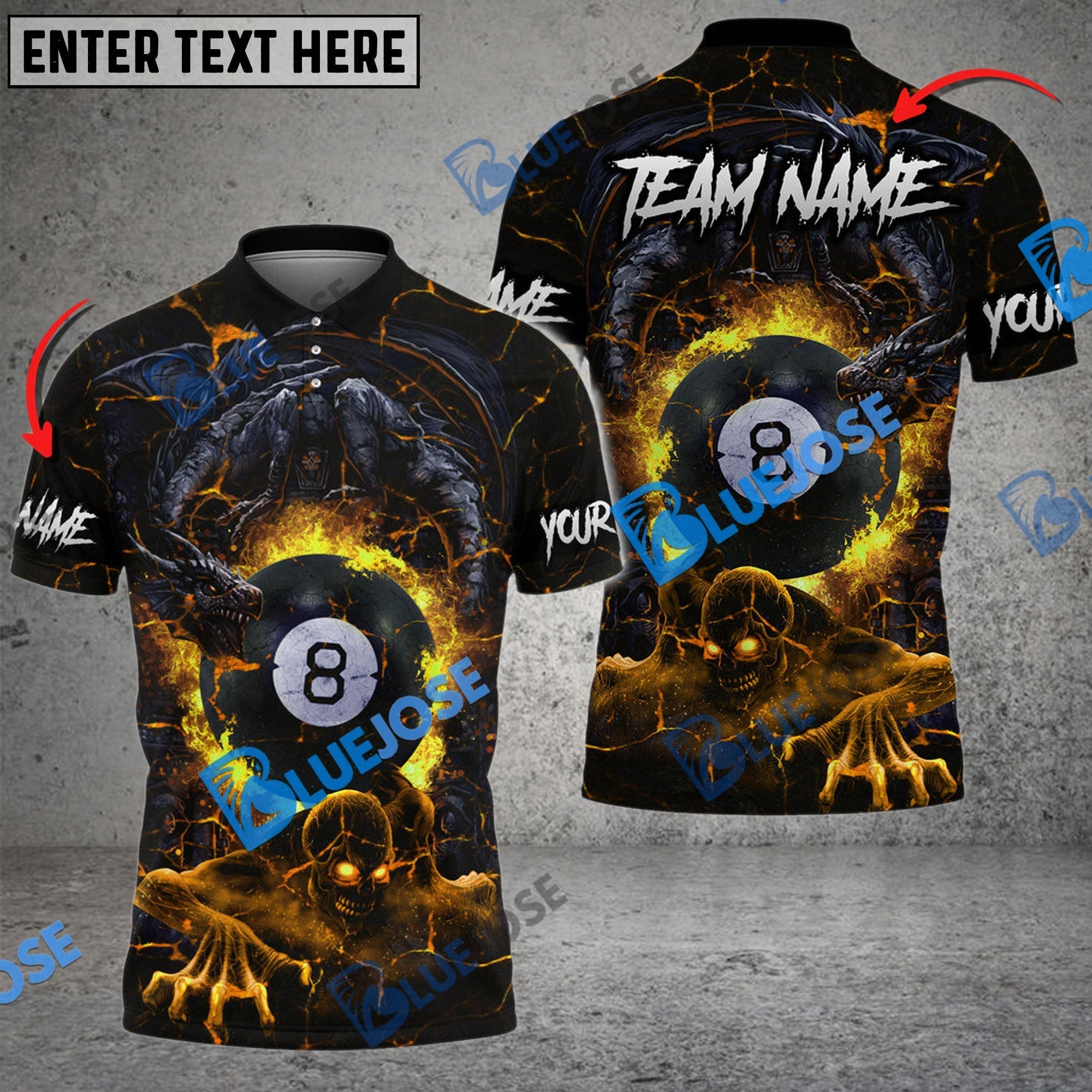 BlueJose Billiards Ball 8 Skull & Dragon Fight Personalized Name, Team Name Shirt (4 Colors)